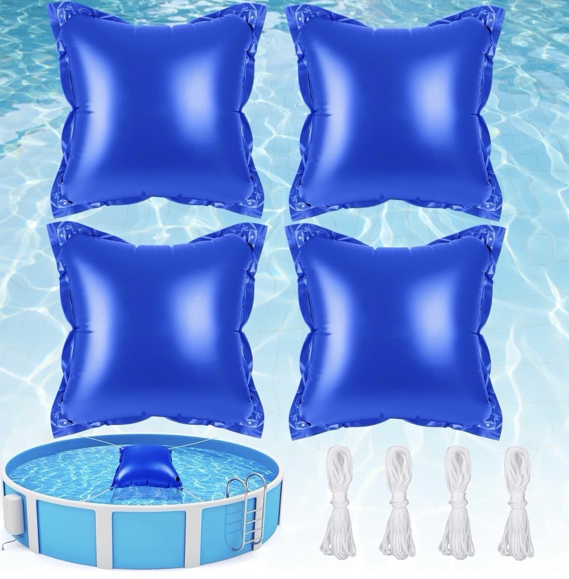 Angooni Set of Four 4x4 Heavy-Duty 0.4mm PVC Winterizing Pool Pillows & Ropes