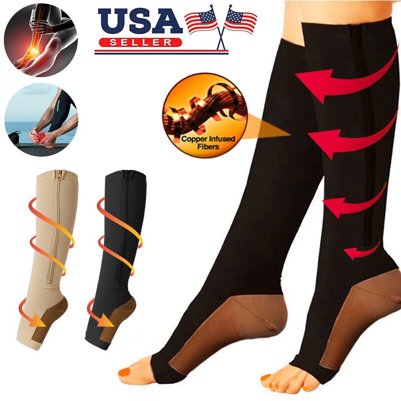 Zipper Compression Socks Women & Men Calf Knee High 15-20mmHg Open Toe Compressi