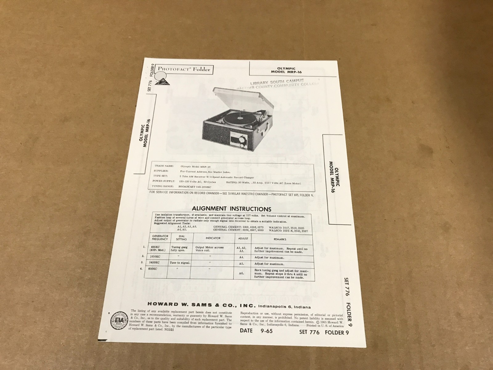 Vintage Photofact Folder - 776-9 - Olympic 5-Tube AM Receiver, Model MRP-16