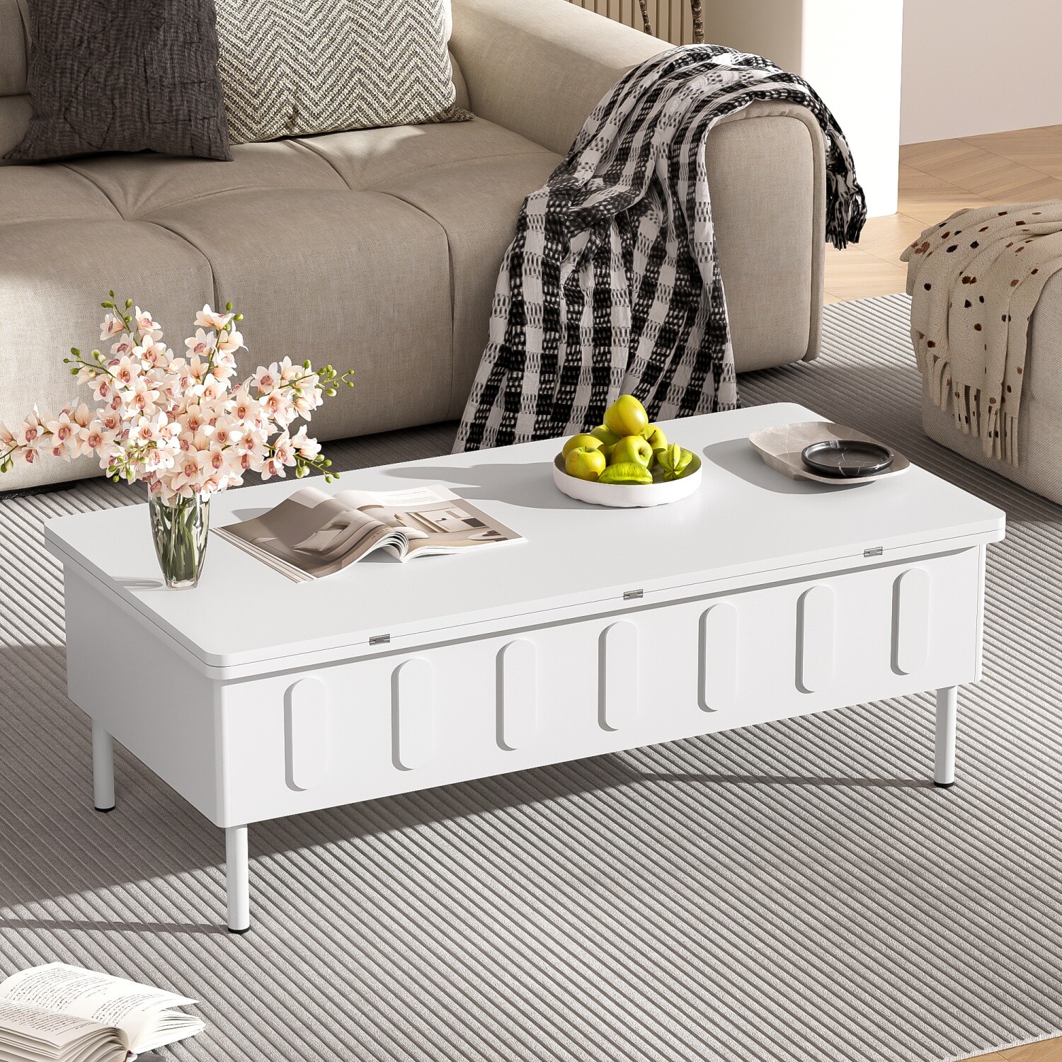 Modern Lift Top Coffee Table Center Cocktail Table with Foldable Top & 2 Drawers