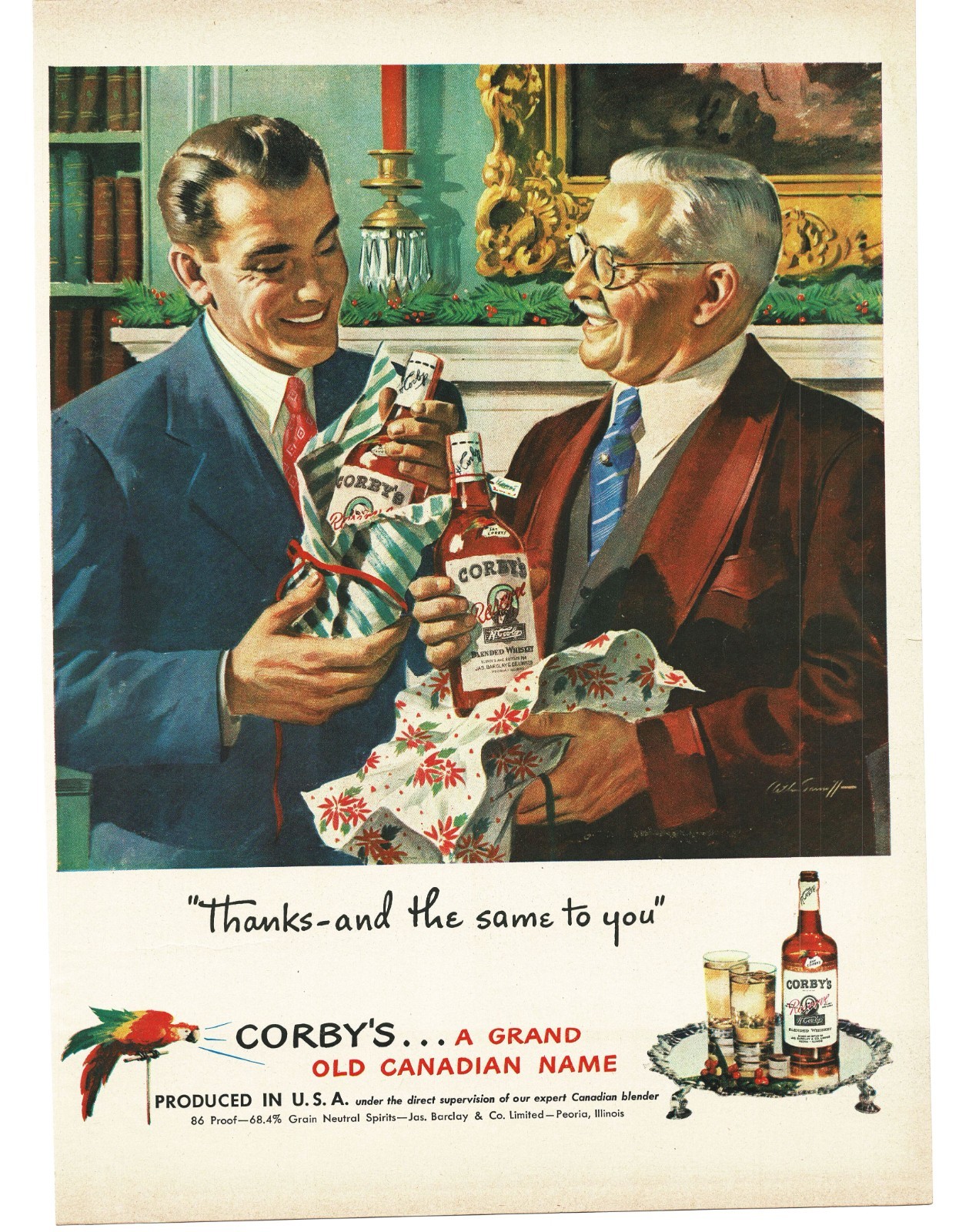 1948 Corby's Whiskey Vintage Print Ad Christmas Parrot Art Library Study Decor