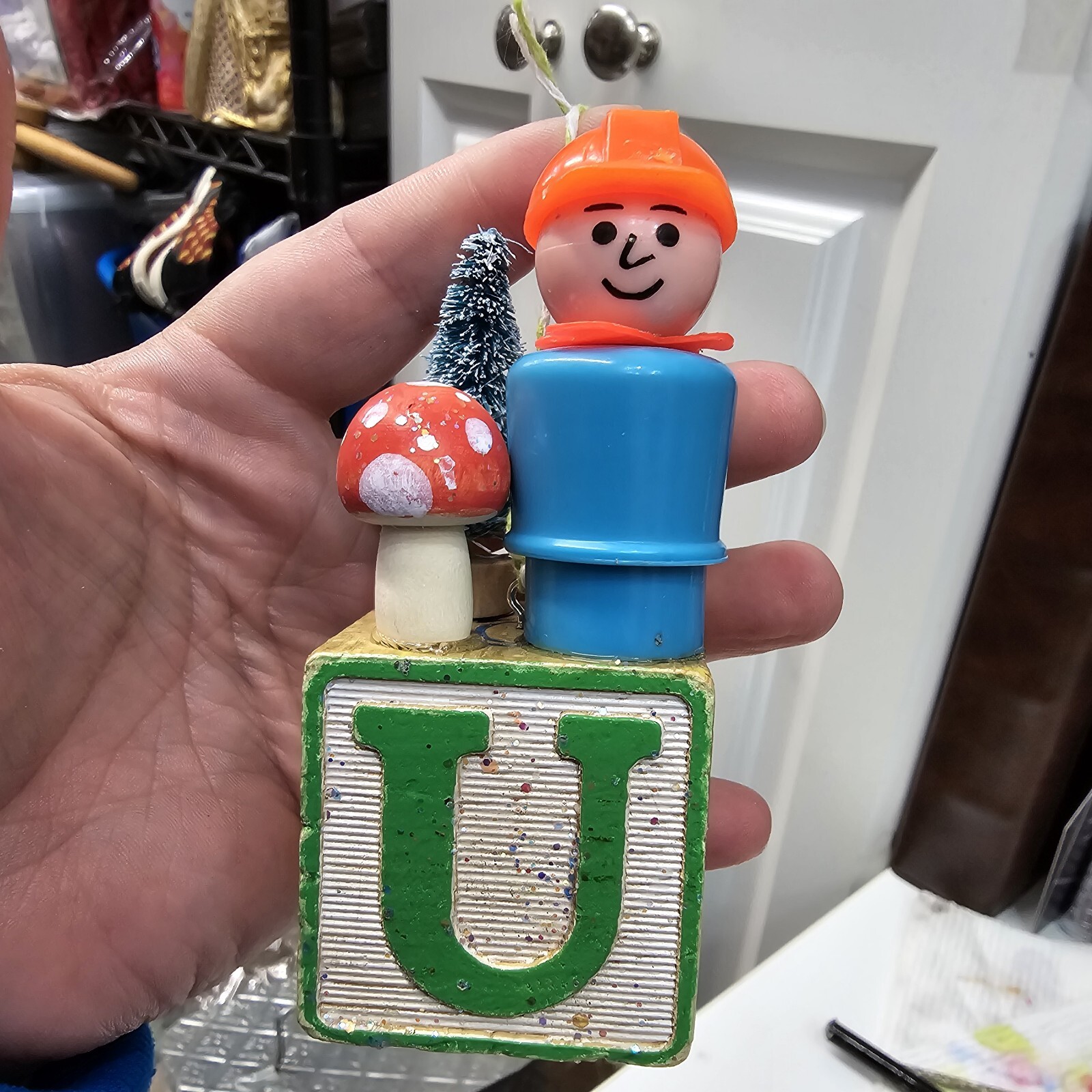 Vintage building block  Fisher Price Little People Christmas Ornament Letter U