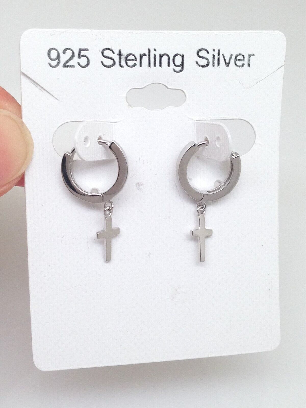 925 Sterling Silver Plain Cross Dangle Huggie Hoop Earrings Men Women 24mm/0.94"