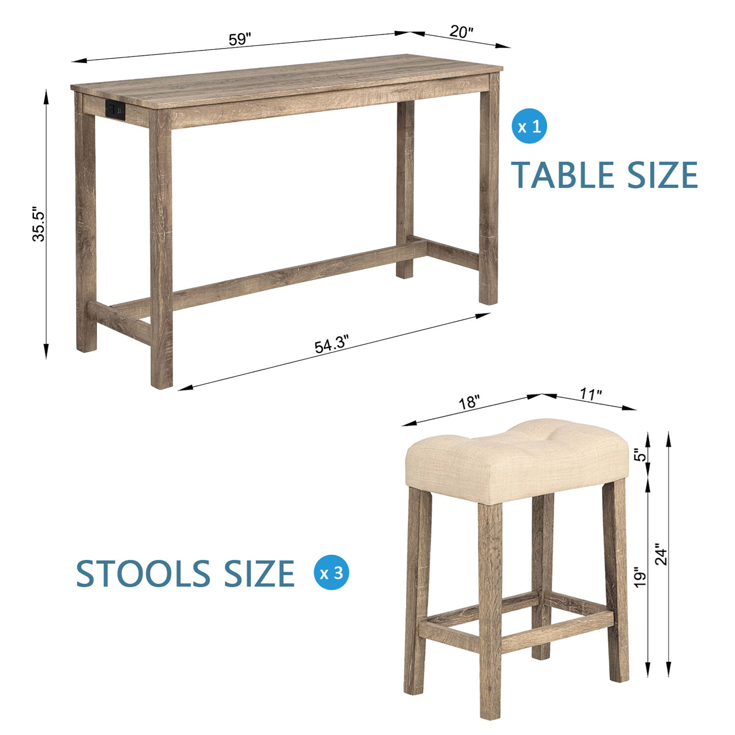 4 Piece Bar Table Set Counter Height Kitchen Dining Table w/ 3 Stools US
