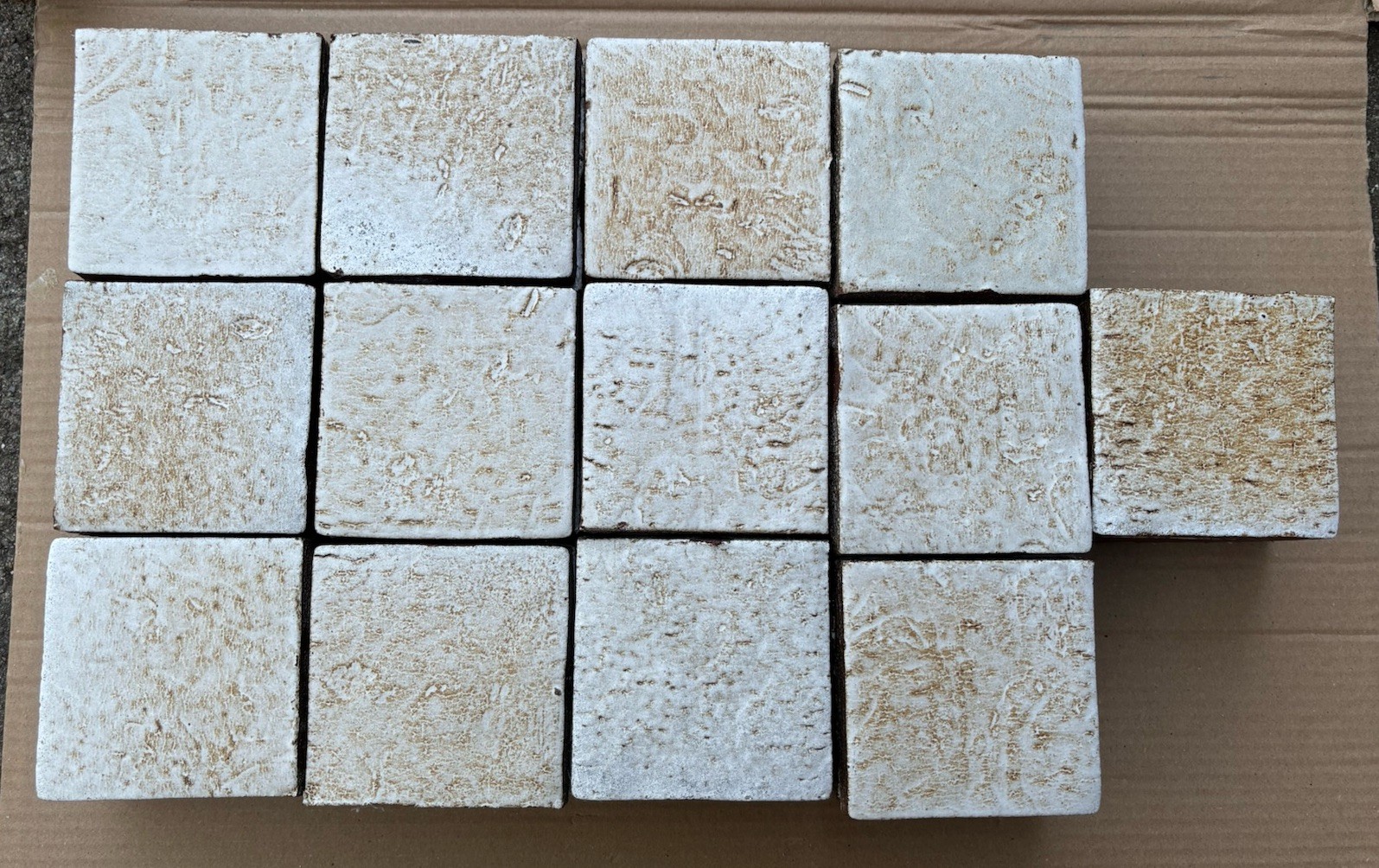4 Vintage Hand Made Mottled Glazed Field Tile THICK 3 7/8"sq Set of 4 NOS #A