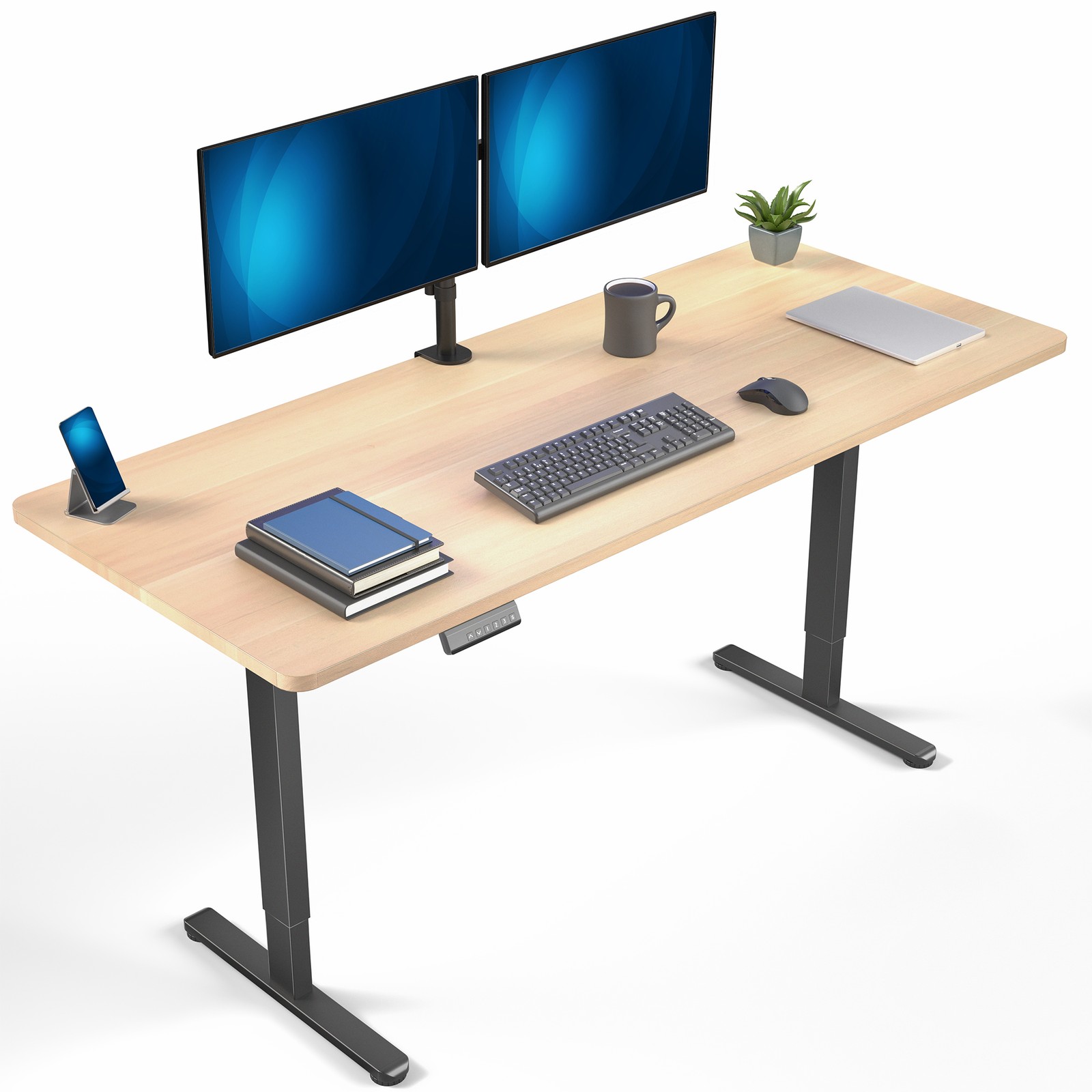 VIVO Dual Motor 71” x 30” Standing Desk, 1-Piece Light Wood Top, Black Frame