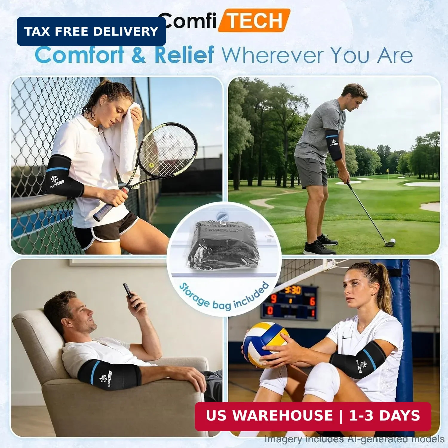 ComfiTECH Dual-Gel Elbow Ice Pack Wrap for 30-Minute Cooling & Injuries, Reusabl