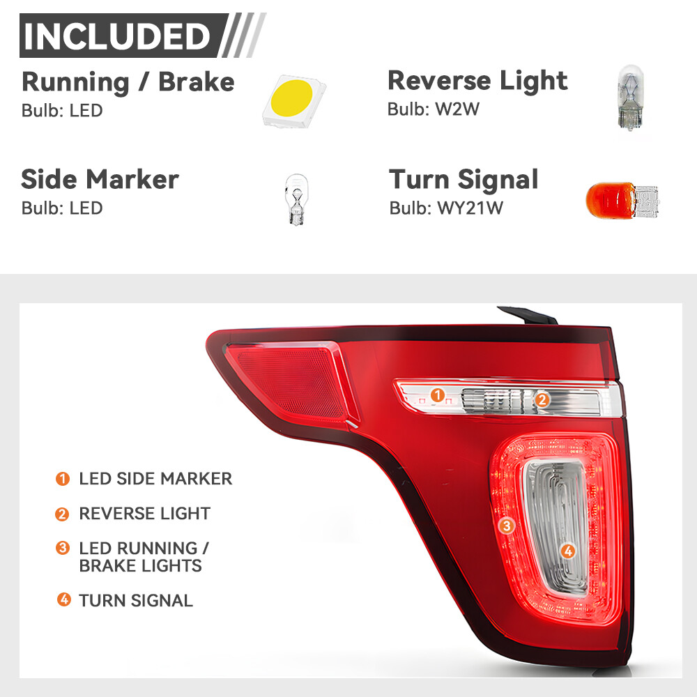 LED Tail Light For 2011-2015 Ford Explorer Red Clear With Bulbs Left Driver Side