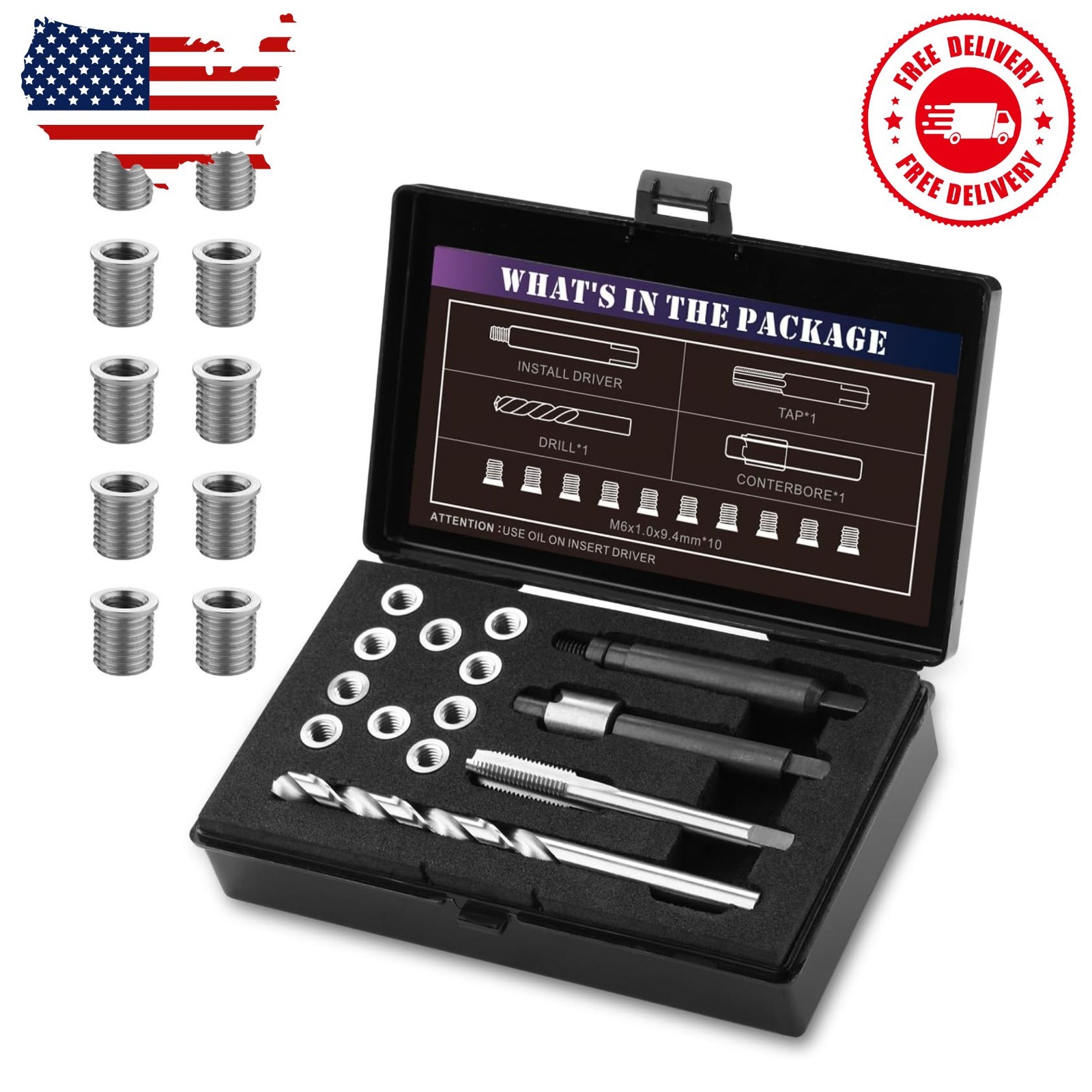 M6X1.0 Thread Repair Kit with 9.4mm Insert HSS Drill, Tap, Installation Driver..