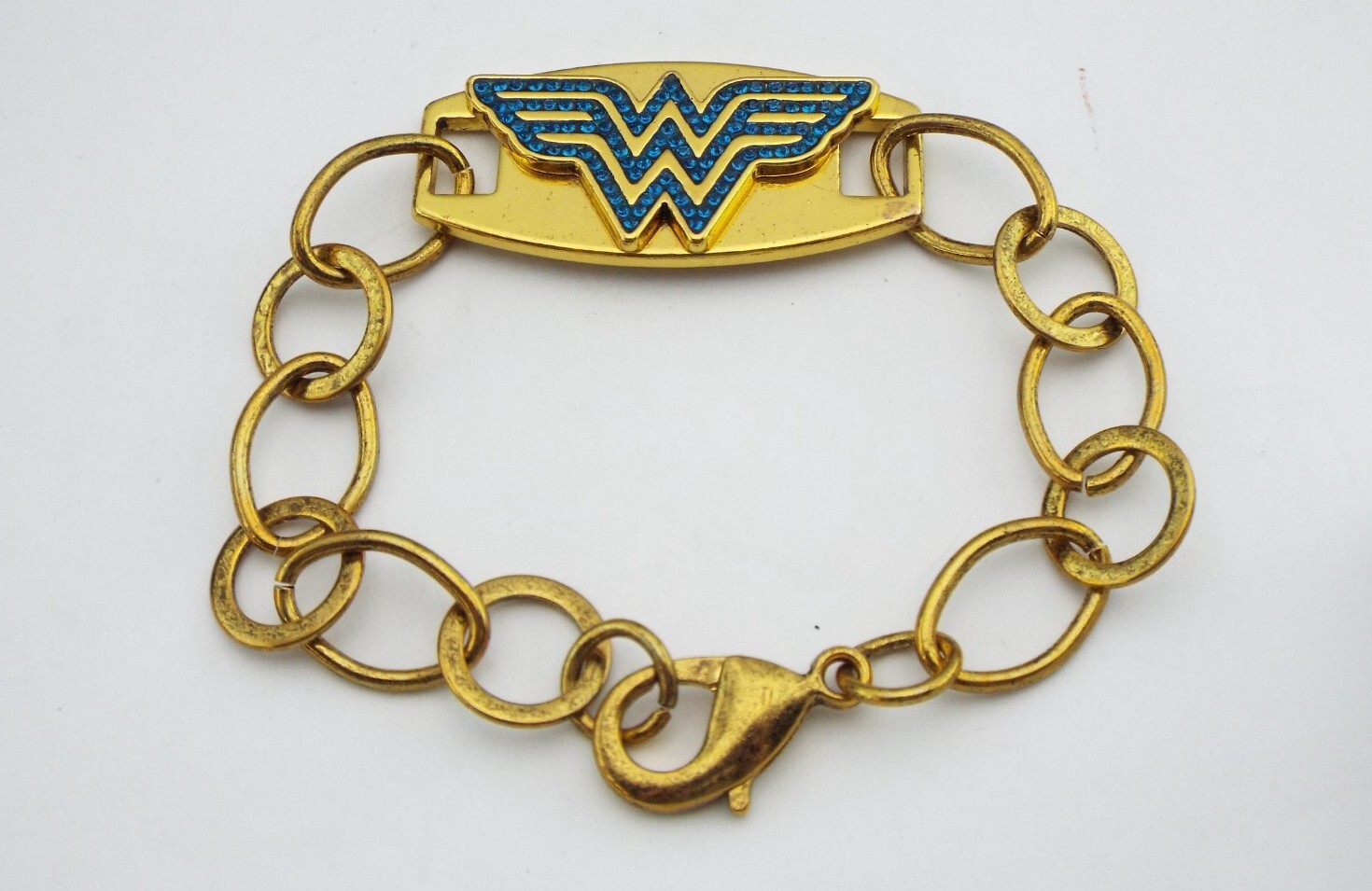 Handcrafted Jewlery Metal Bracelet DC Comics Wonder Woman Logo Blue Crystal