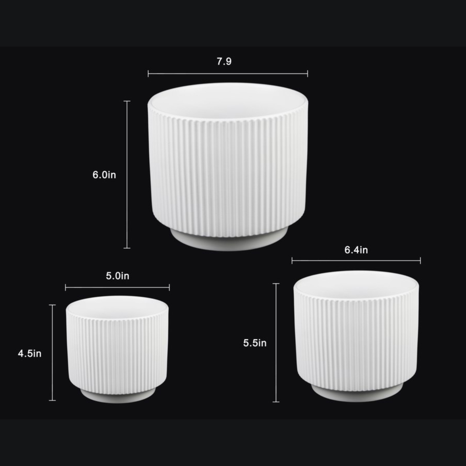 3-Piece White Stoneware Planter Pot Set with Ribbed Texture