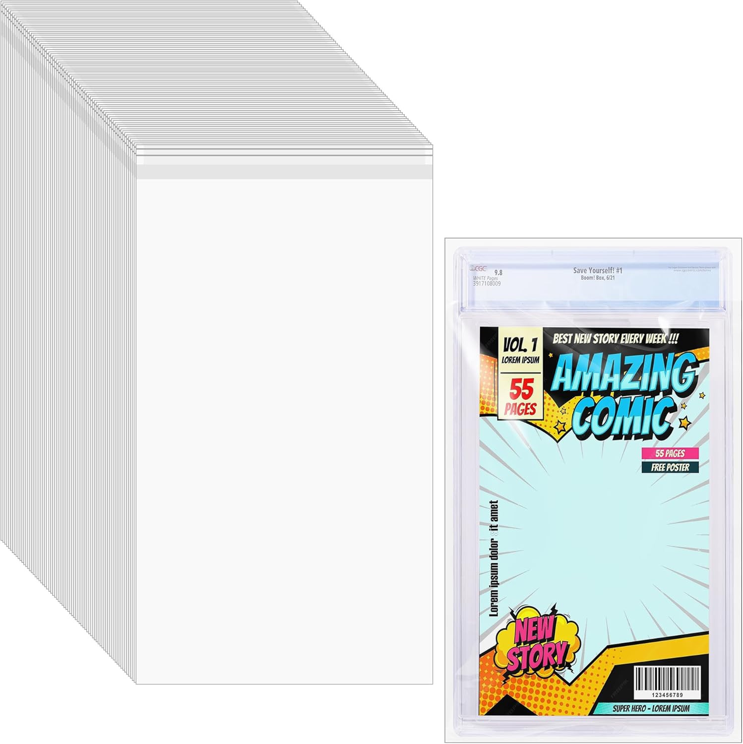 50 Pack Resealable Comic Book Bags Clear Plastic Sleeves Graded Comics