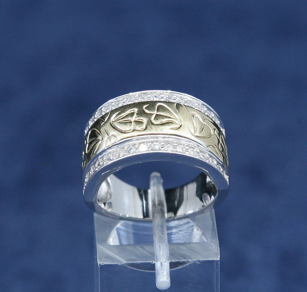 sz 7, vtg two tone sterling 925 silver band ring w/ cluster crystal