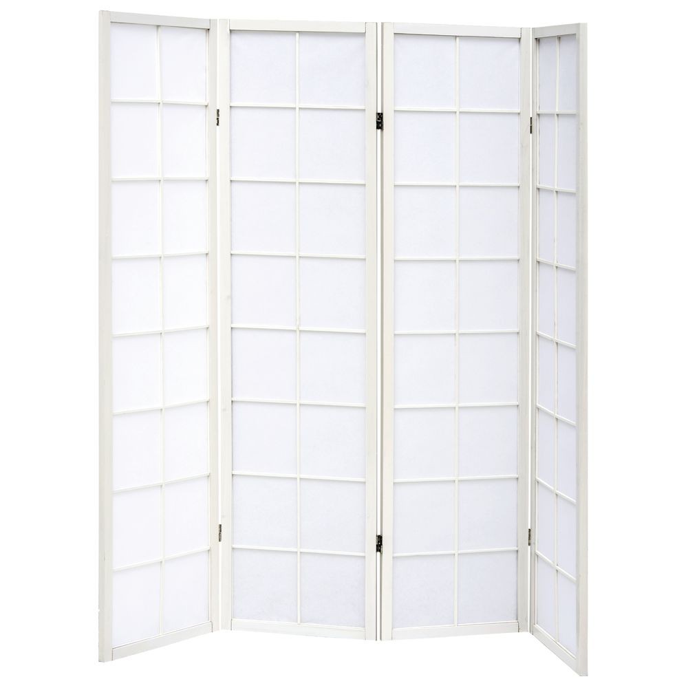HUBERT Floor Screen Room Divider White Wood 4-Panel Slatted - 70" L x 1" D x 69"