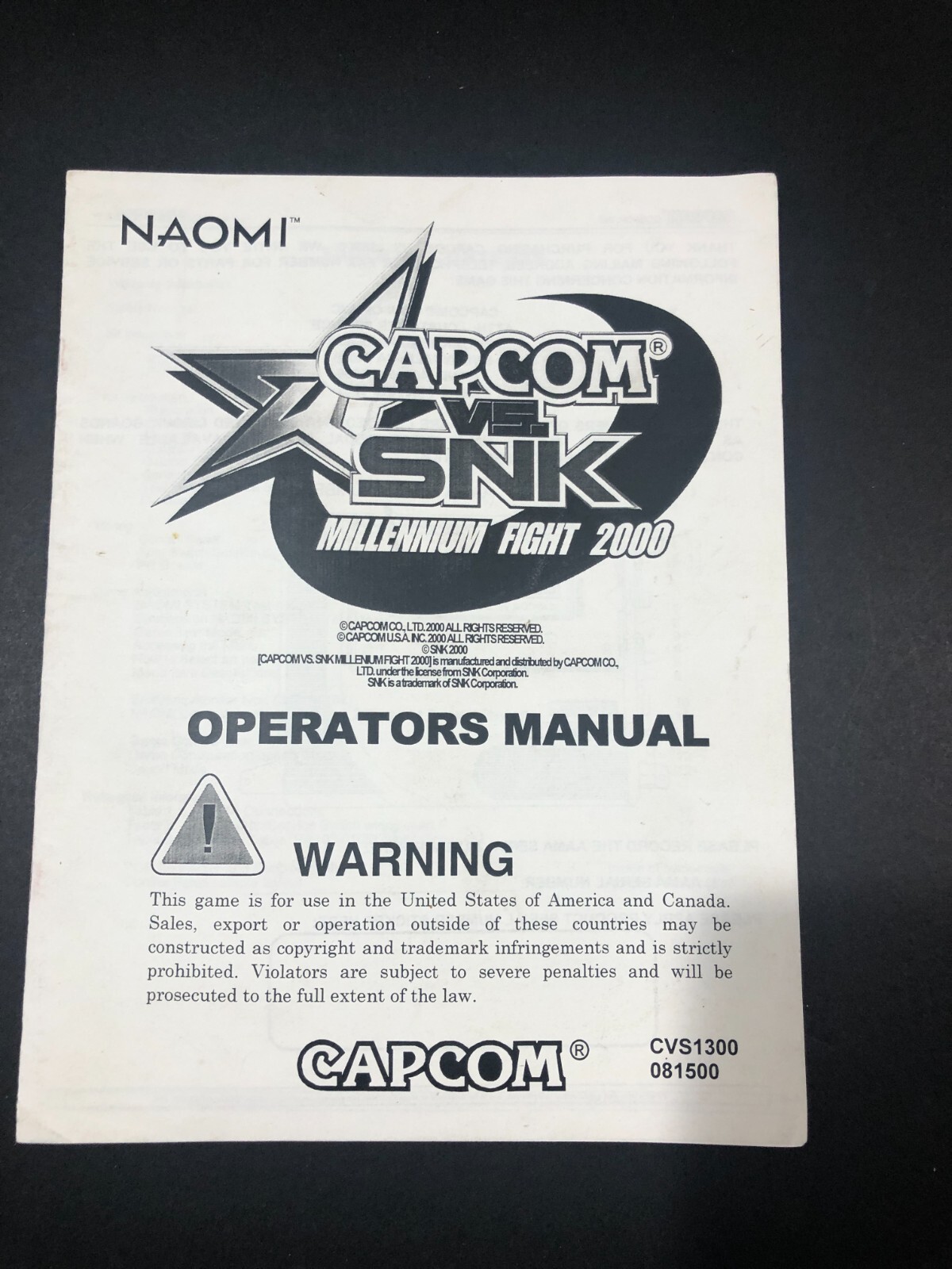 Naomi Capcom vs. SNK Millennium Fight 2000 Operators Manual