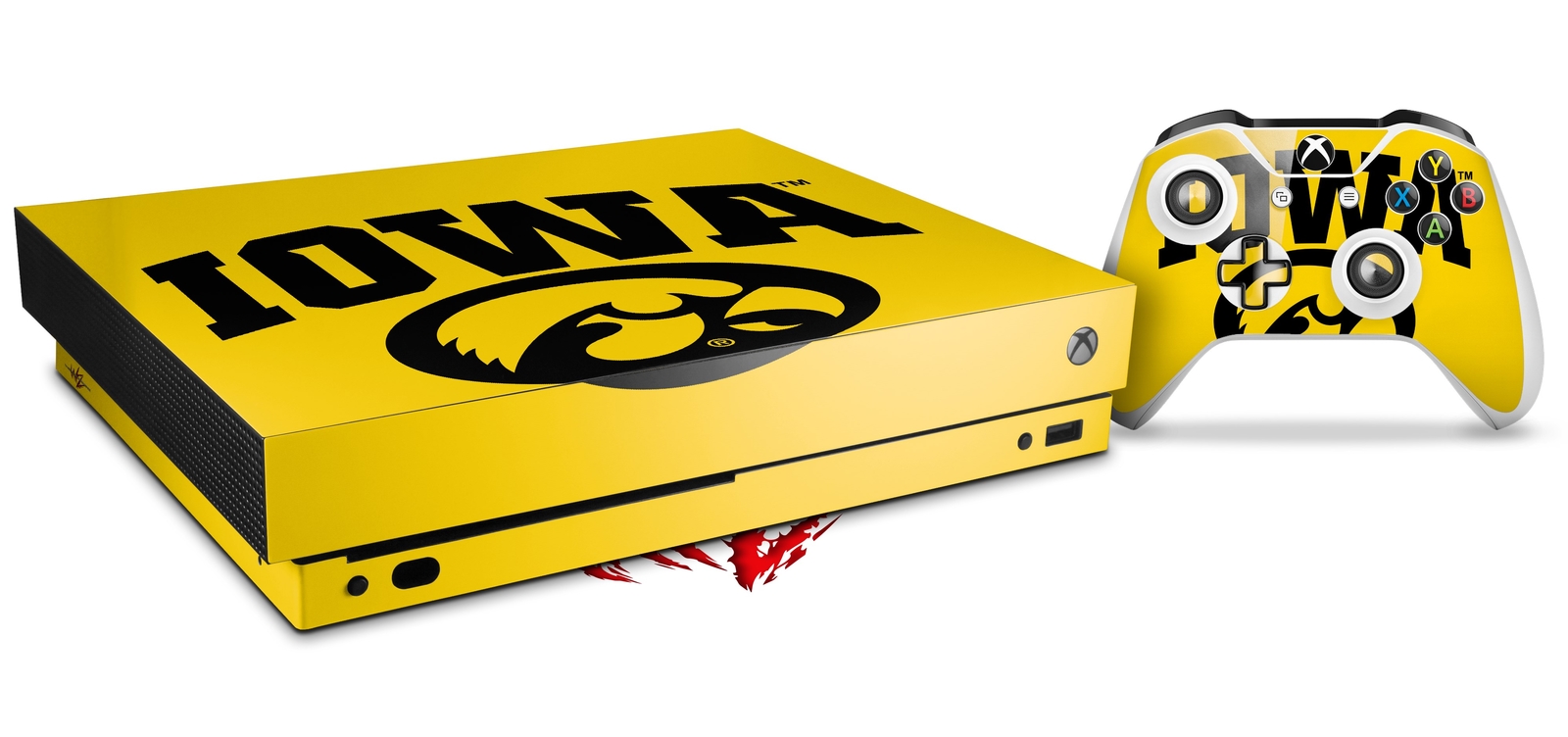 Skin Set for XBOX One X Iowa Hawkeyes Tigerhawk Oval 01 Black on Gold