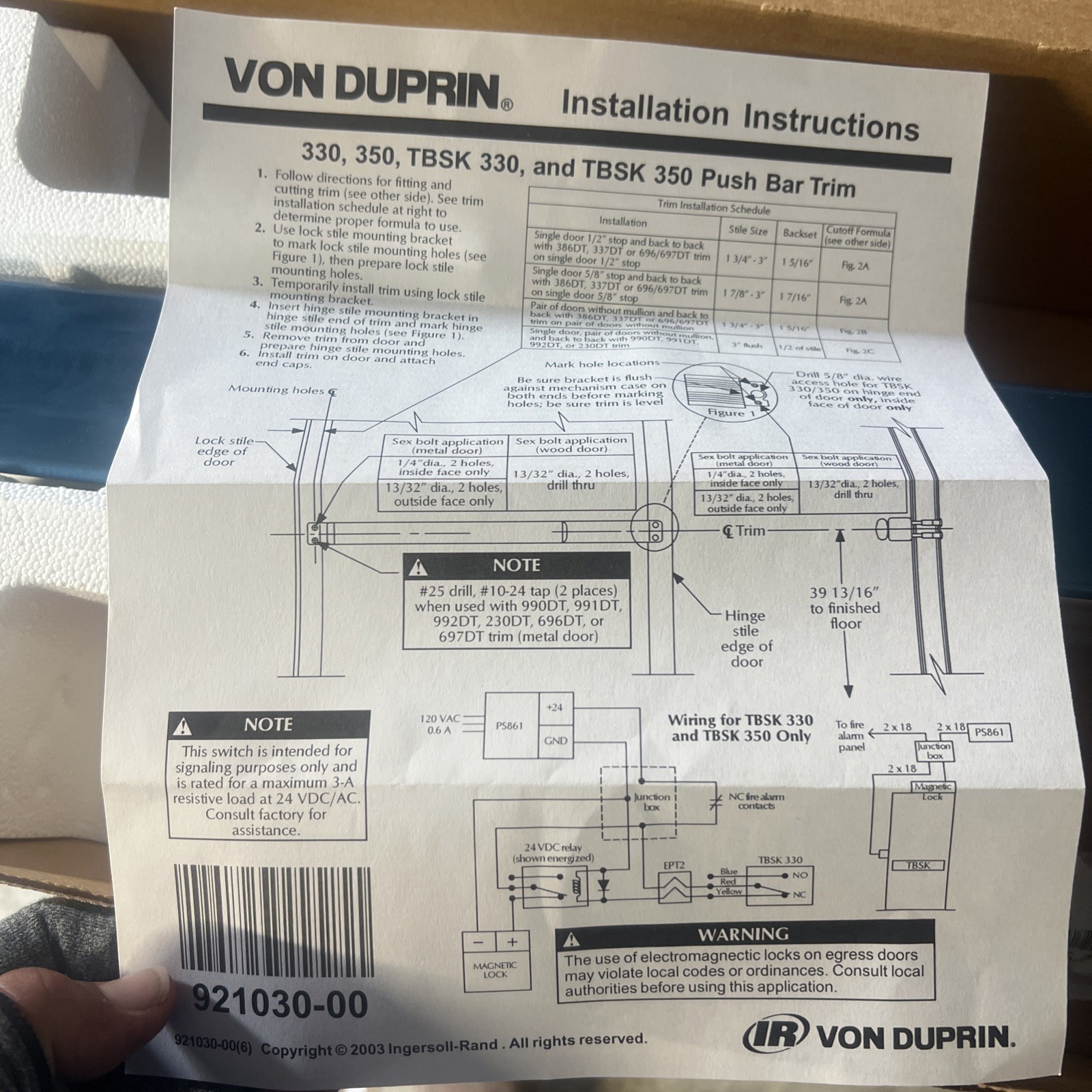 Von Duprin Exit Device 330 DUMMY P/BAR US28 3 RHR