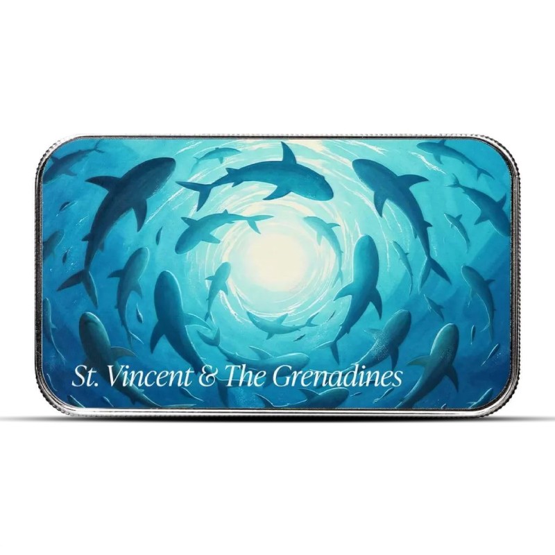 2025 1 oz EC8 St. Vincent & the Grenadines Swirling Sharks Silver Bar (Colored)