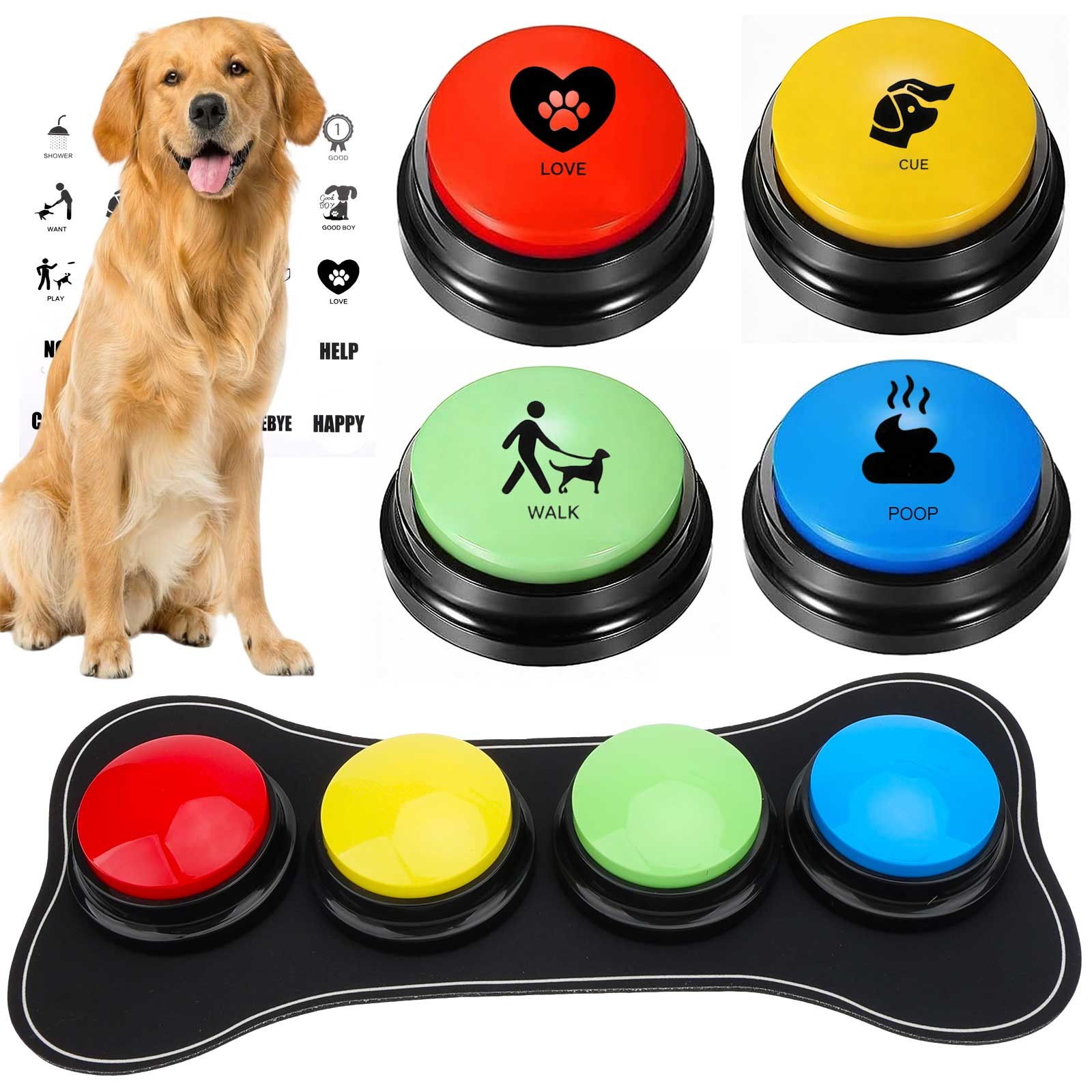 4 Recordable Buttons for Dogs with Pad Sticker Indoor Pet Training Communication