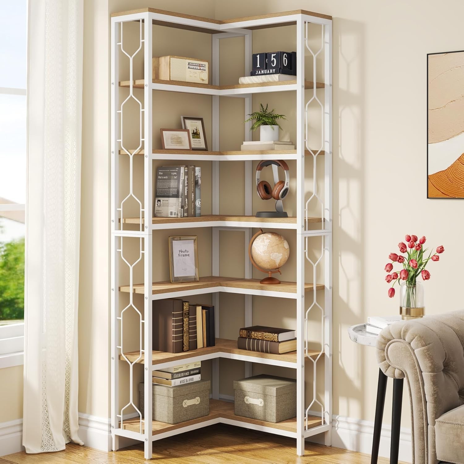 7-Tier Industrial Corner Bookshelf Freestanding Etagere Bookcase Corner Shelf