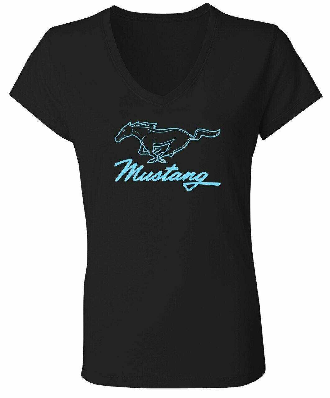 Ladies Black V-Neck Baby Blue Running Horse Mustang T-Shirt * Free Ship to USA!
