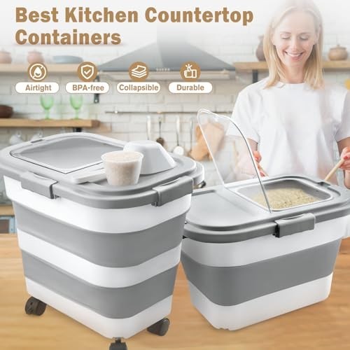 Airtight Collapsible Rice Storage Container 10-40 Lbs, Pet Food Bin with Scoop