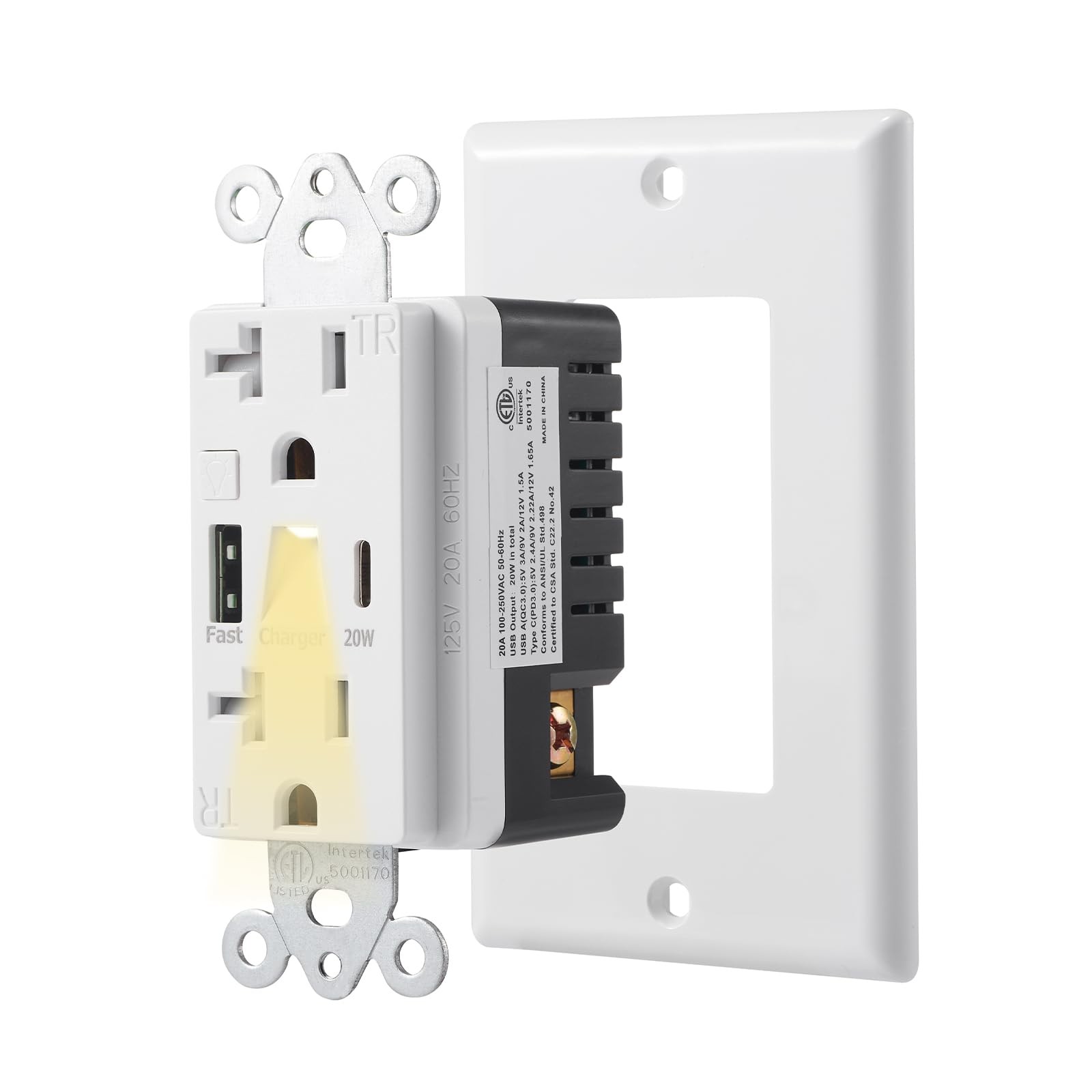 20AMP USB PD Outlet with Night Light, 20W Type-C & Type-A Power Delivery in-W...