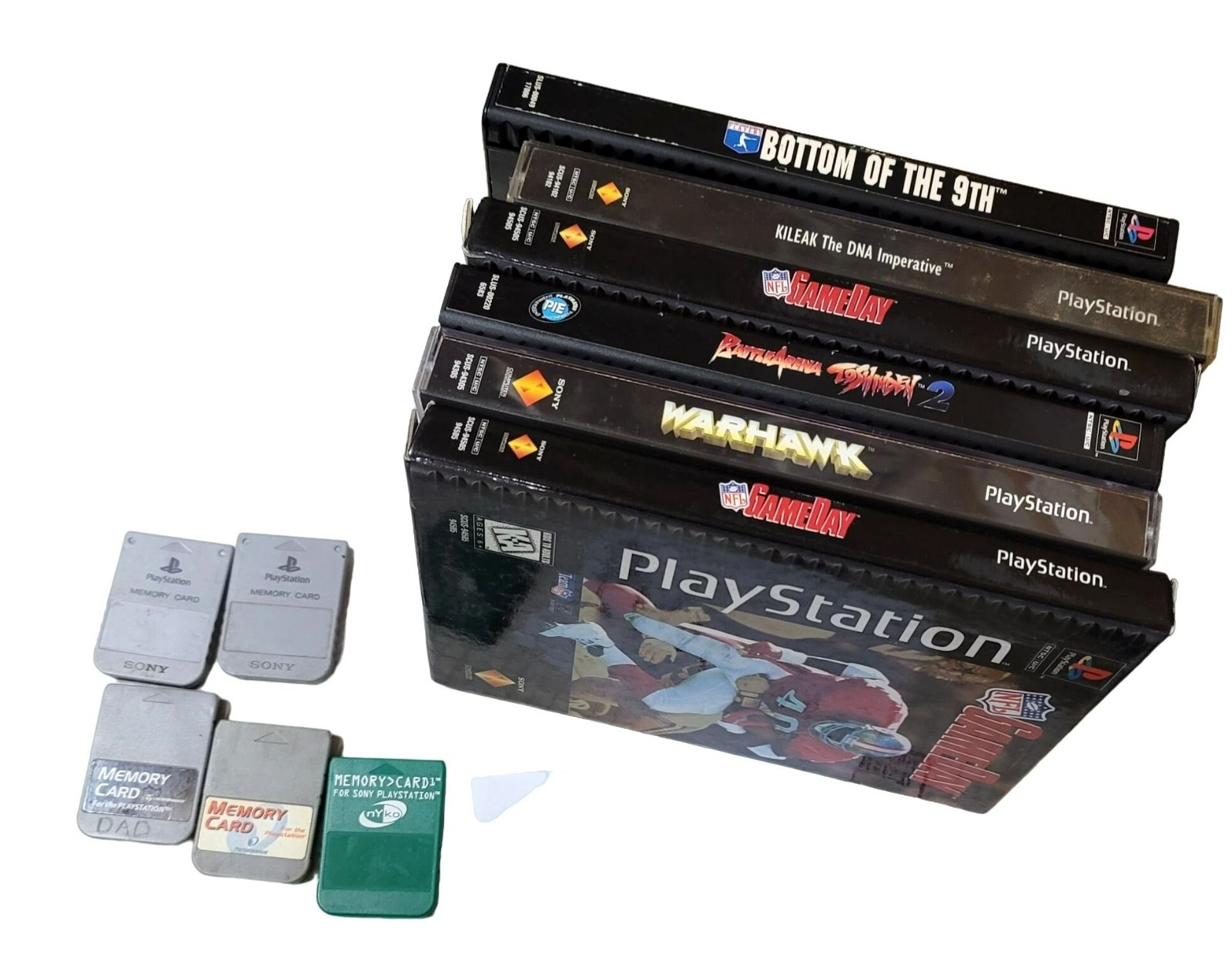 PlayStation Games Lot of 6 in Cases + 5 Memory Cards GA136
