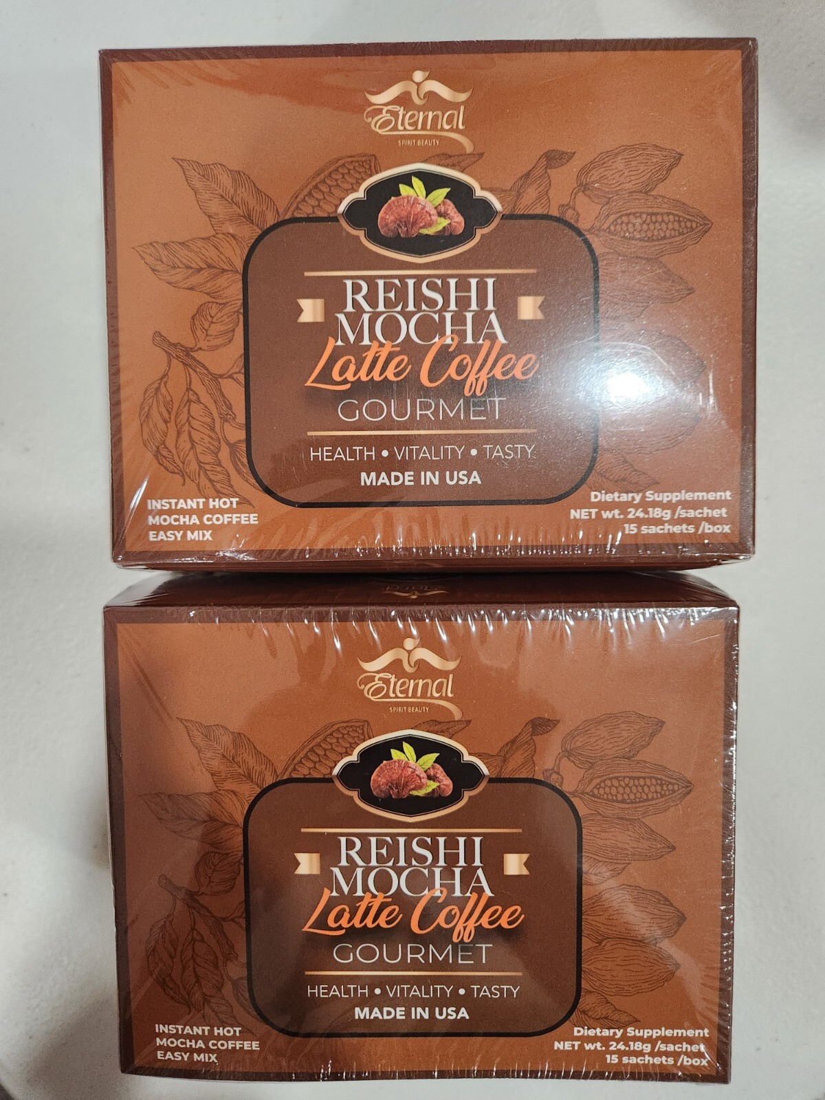 2 PACK ETERNAL REISHI MOCHA LATTE COFFE GOURMET 15 SACHETS 07/25 MADE USA SEALED