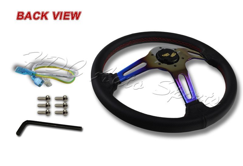 350MM Titanium Blue Red Stitched Black Leather 3-Spoke Racing Steering Wheel