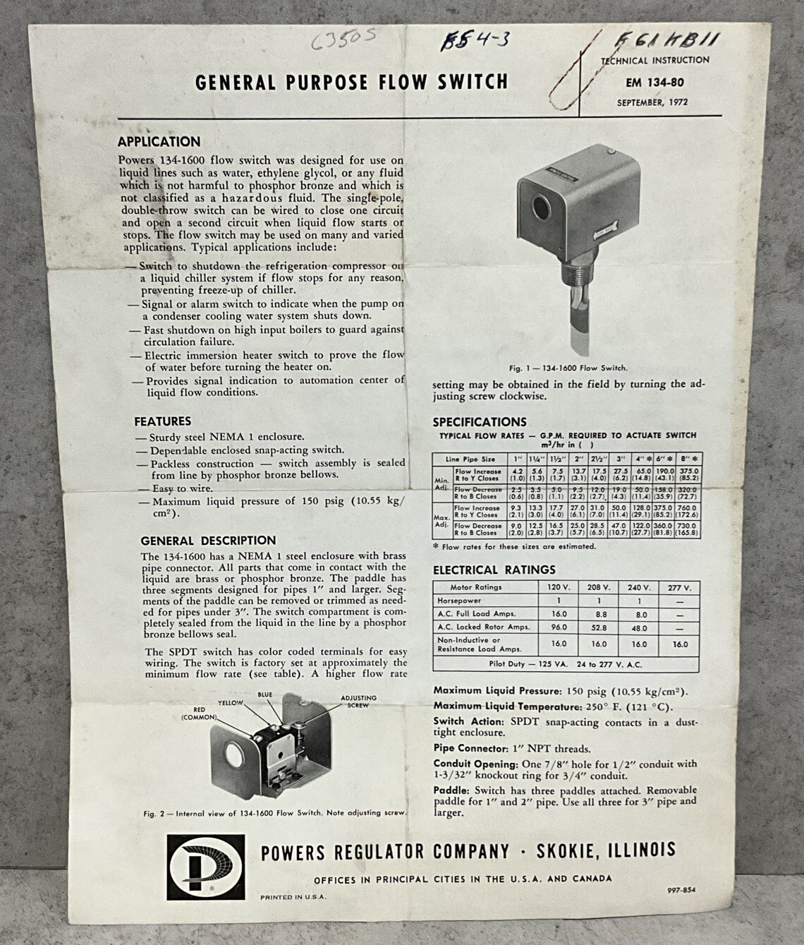 Powers Regulator Co General Purpose Flow Switch Technical Instruction 1972