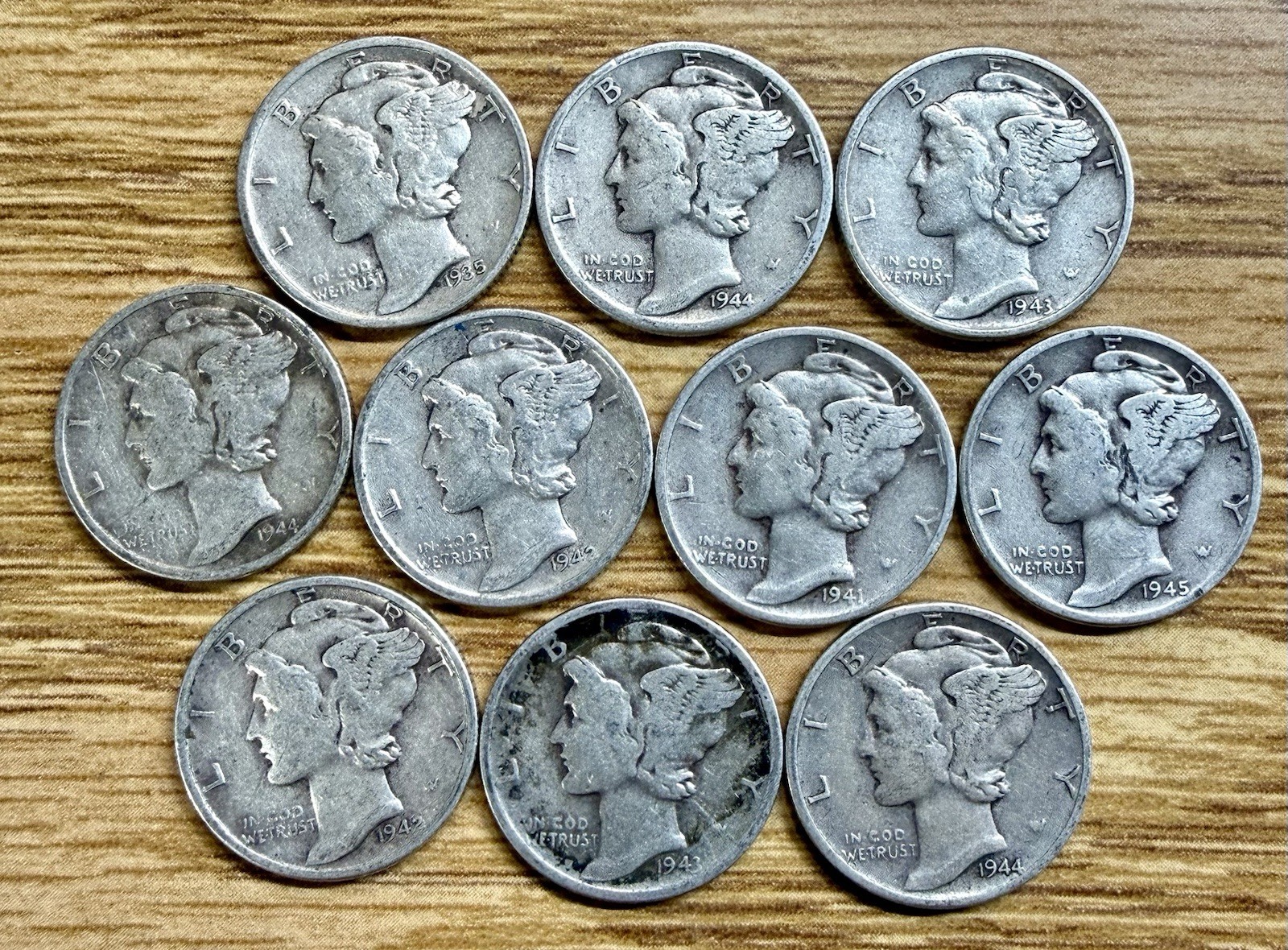 Lot of 10 Ten Mercury Dimes 90% SILVER Very Fine to Fine Circulated Condition