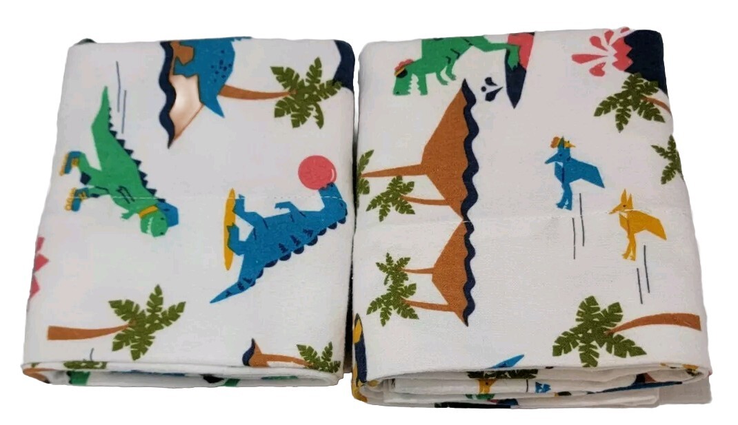 2 Flannel Pillowcases Multi Color Dinosaurs On White.20 X 28 Standard.