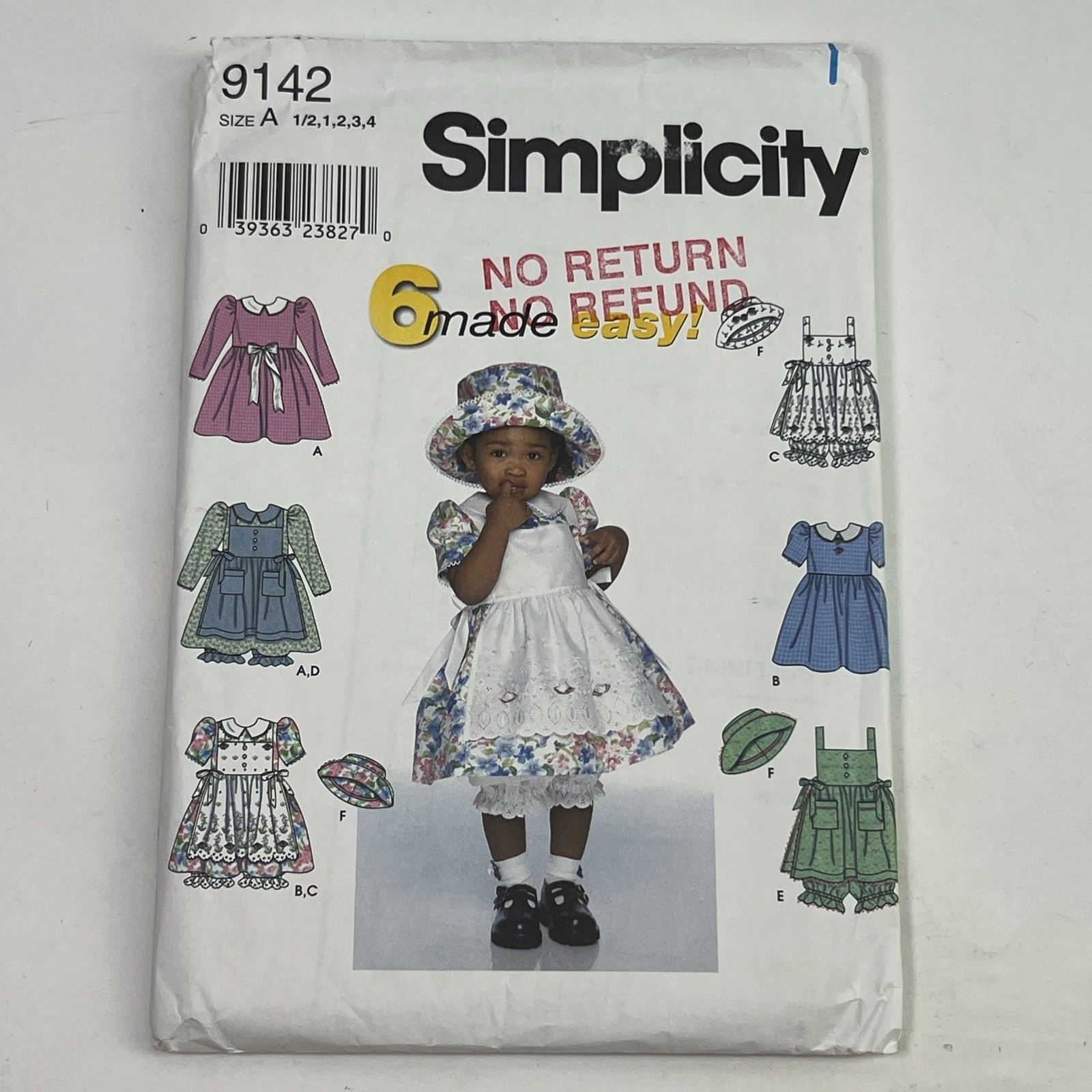 Simplicity 6 Easy 9142  Toddler 1/2-4 Dress,pinafore,panties,hat Uncut Sewing