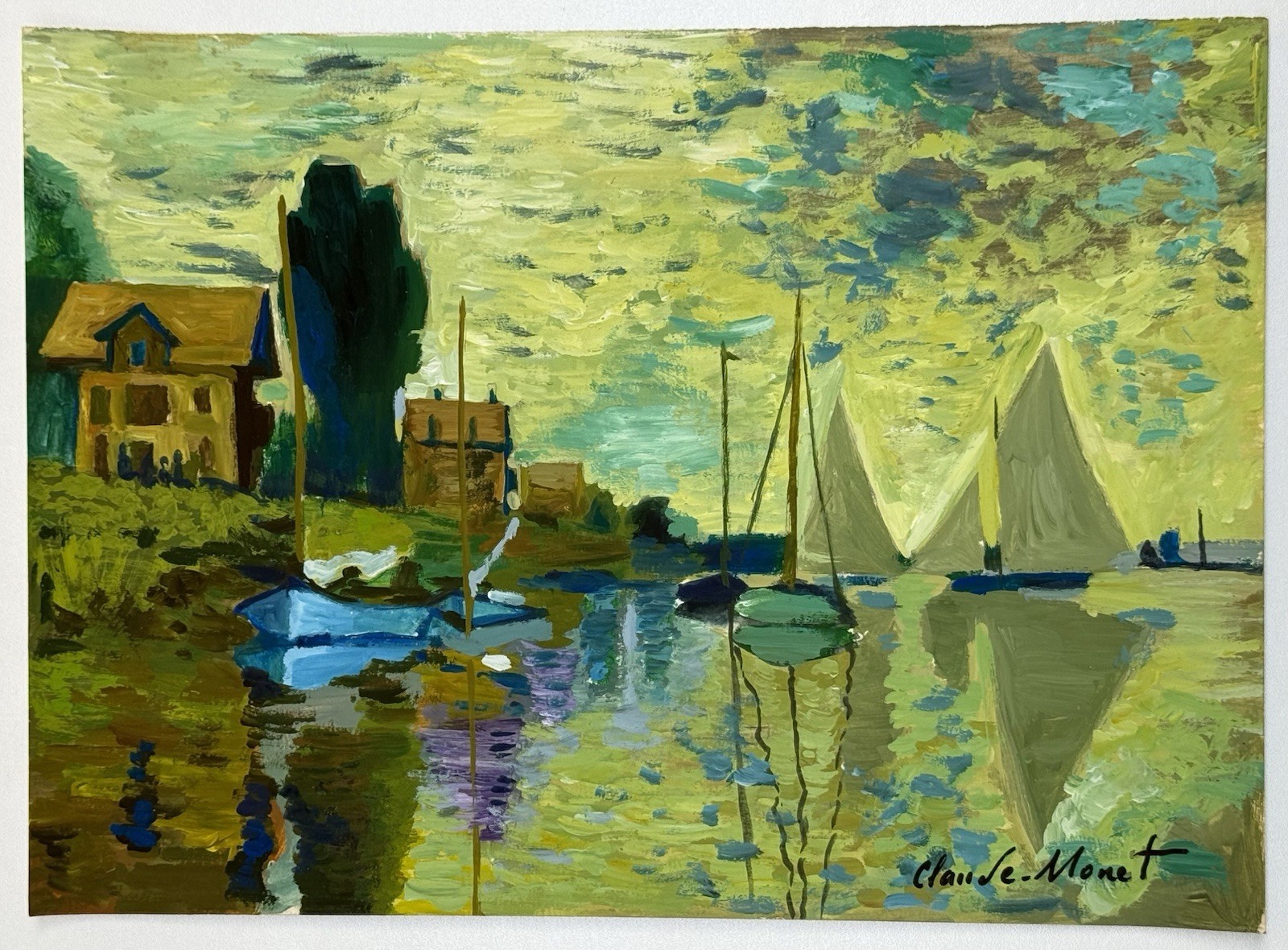 Claude Monet (Handmade) Oil Drawing On Old Paper Signed & Stamped, Vtg art