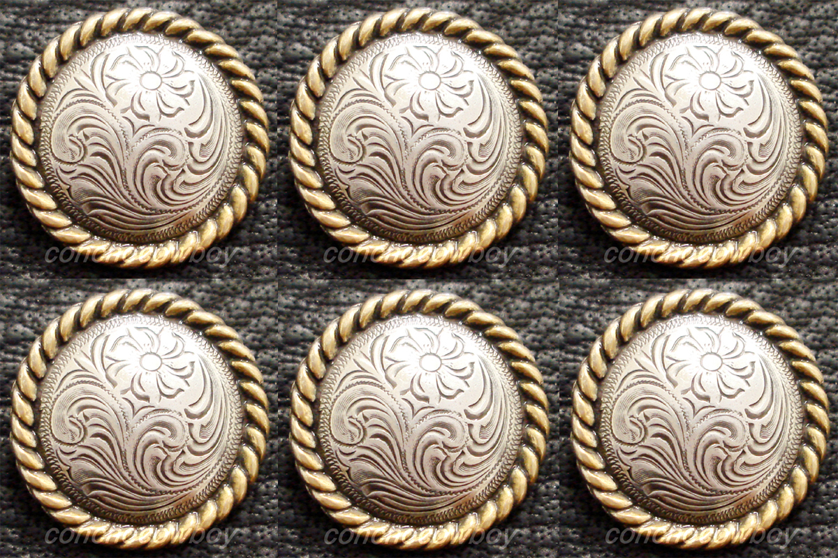 Set of 6 WESTERN HEADSTALL ANTIQUE GOLD ROUND ROPE EDGE SADDLE CONCHOS 1-1/4"