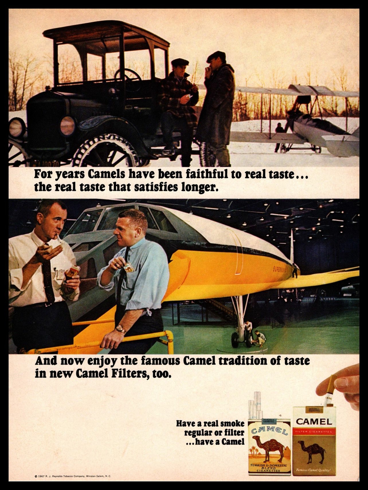 1967 Camel Cigarettes Aircraft Manufacturing Plant Hangar Snow Vintage Print Ad