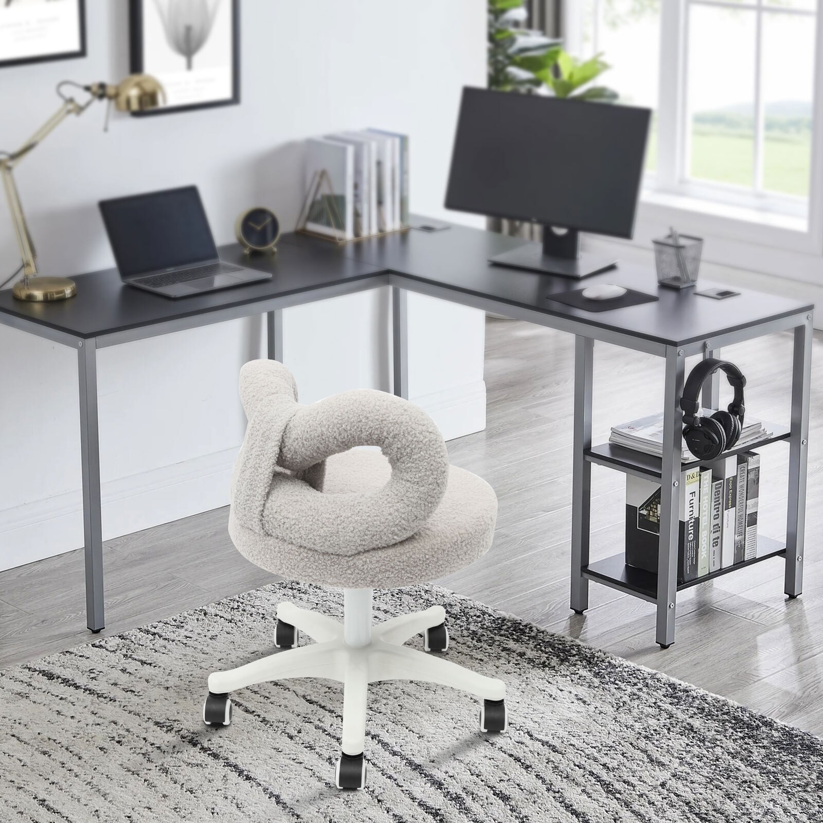 Lambswool Bow Back Desk Chair, Grey Swivel Rolling Vanity Stool, Height Adjust