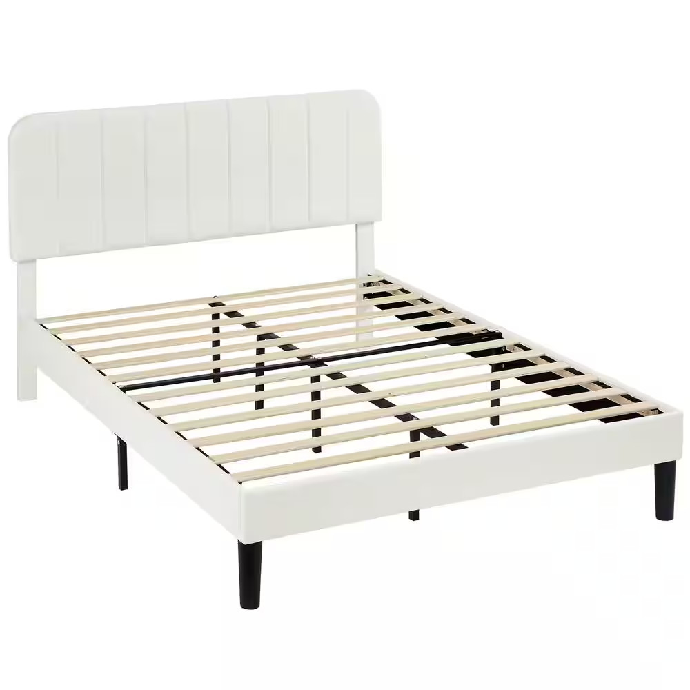 Upholstered Bed, White Queen Bed Platform Bed Frame with Adjustable Headboard, S