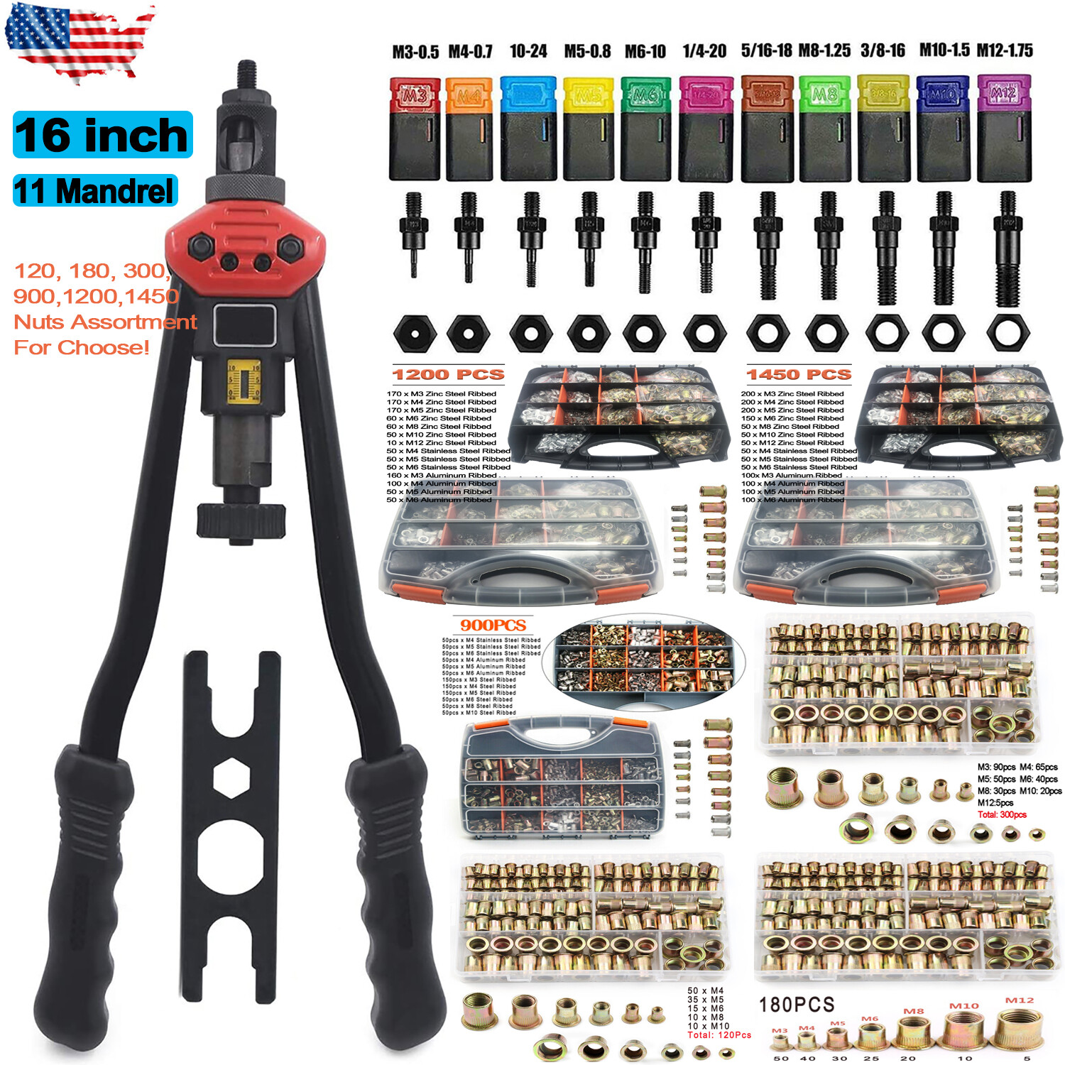 16" Rivet Gun Kit Rivnut Thread Setting Tool Nut Setter NutSert+120/900/1450 Nut