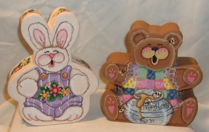 2 HAND PAINTED ANIMALS SHAPED GIFT BOXES - BUNNY RABBIT & BEAR -