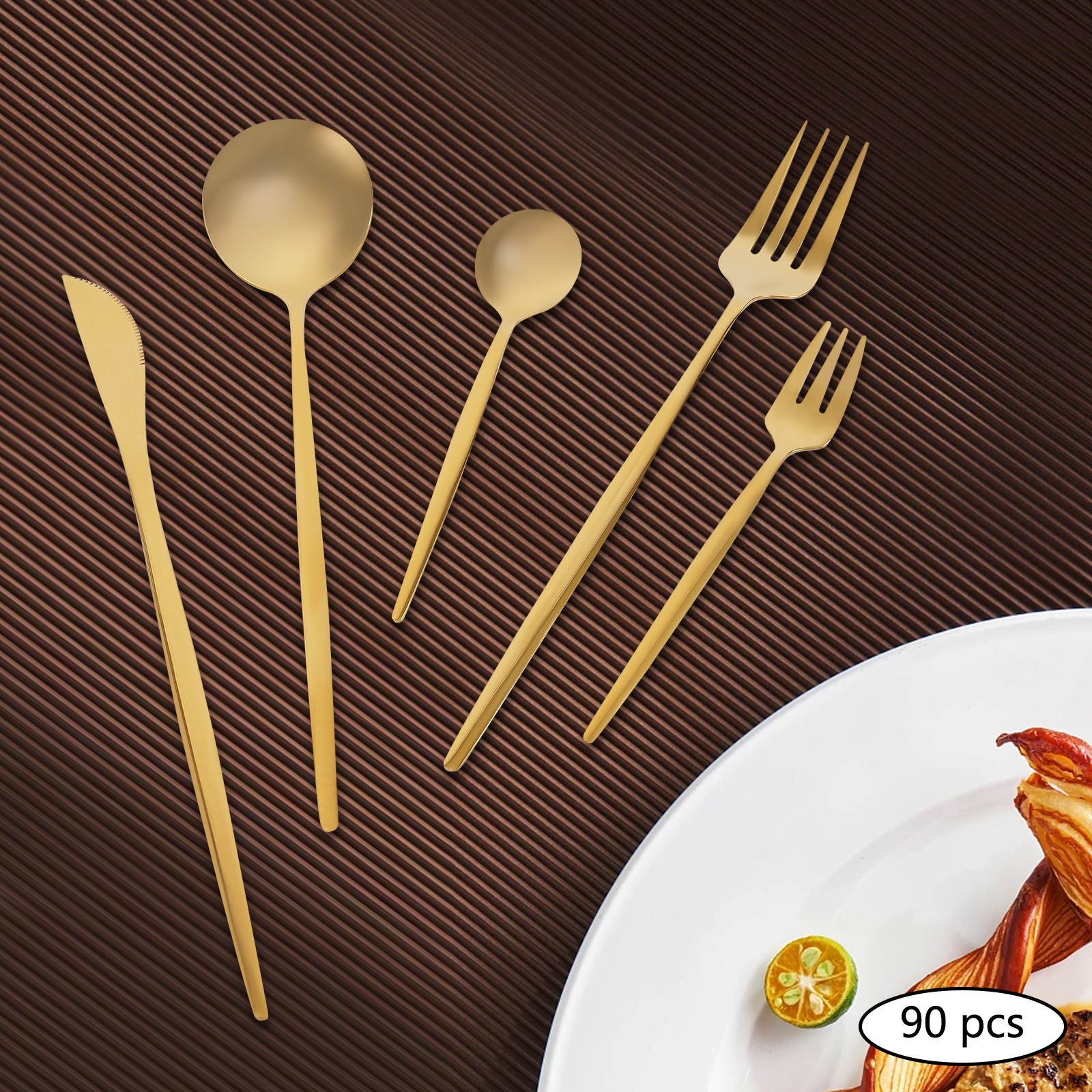 90 Pieces Gold Silverware Set Modern Stainless Steel Flatware Set Service For 18