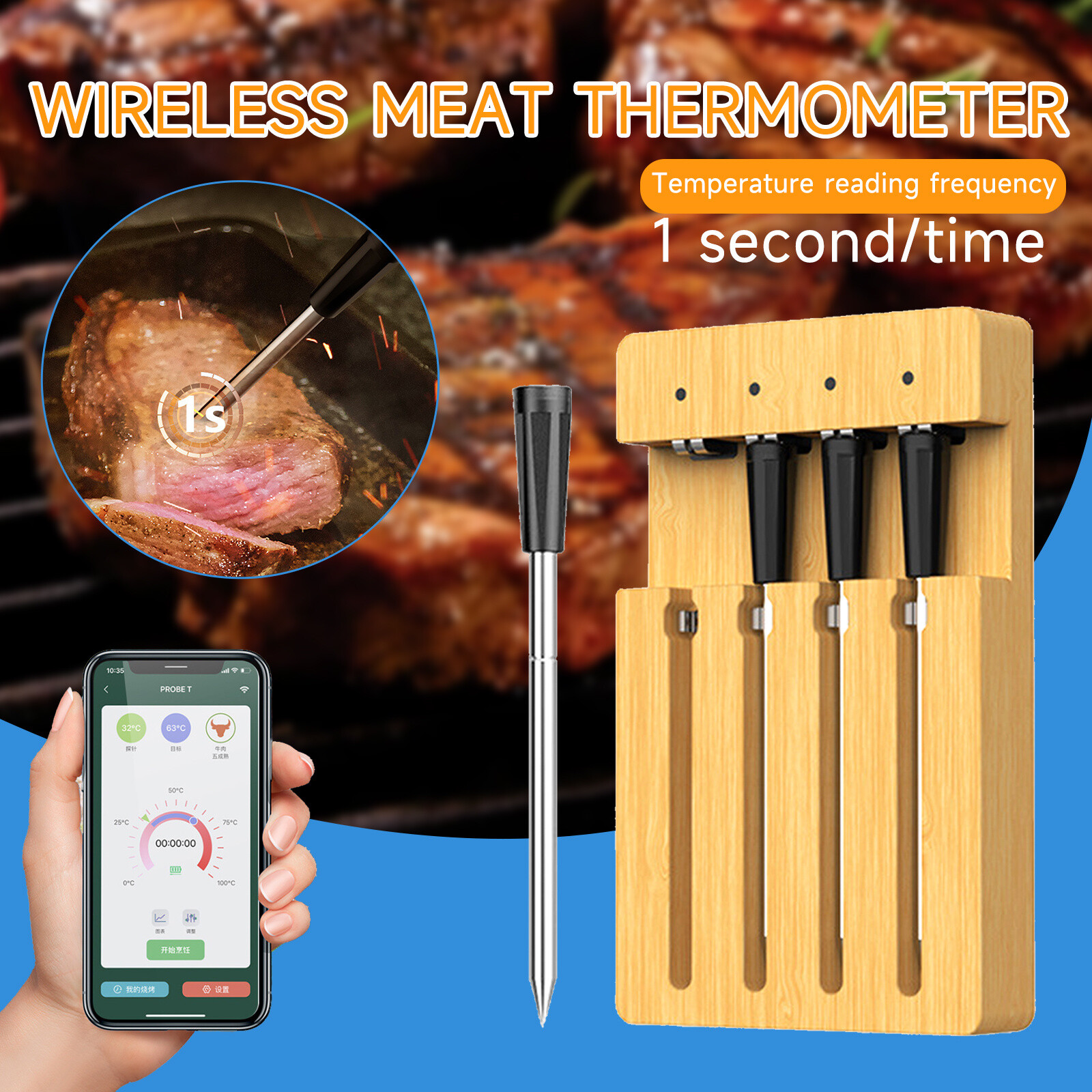 Wireless 4 Probe Digital Bluetooth Smart Meat Thermometer For Oven Grill BBQ