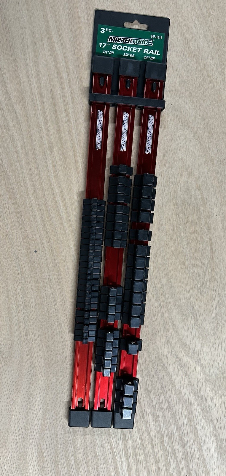 Masterforce® Red Aluminum Socket Rail - 3 Piece - 1/2”,3/8”,1/4”