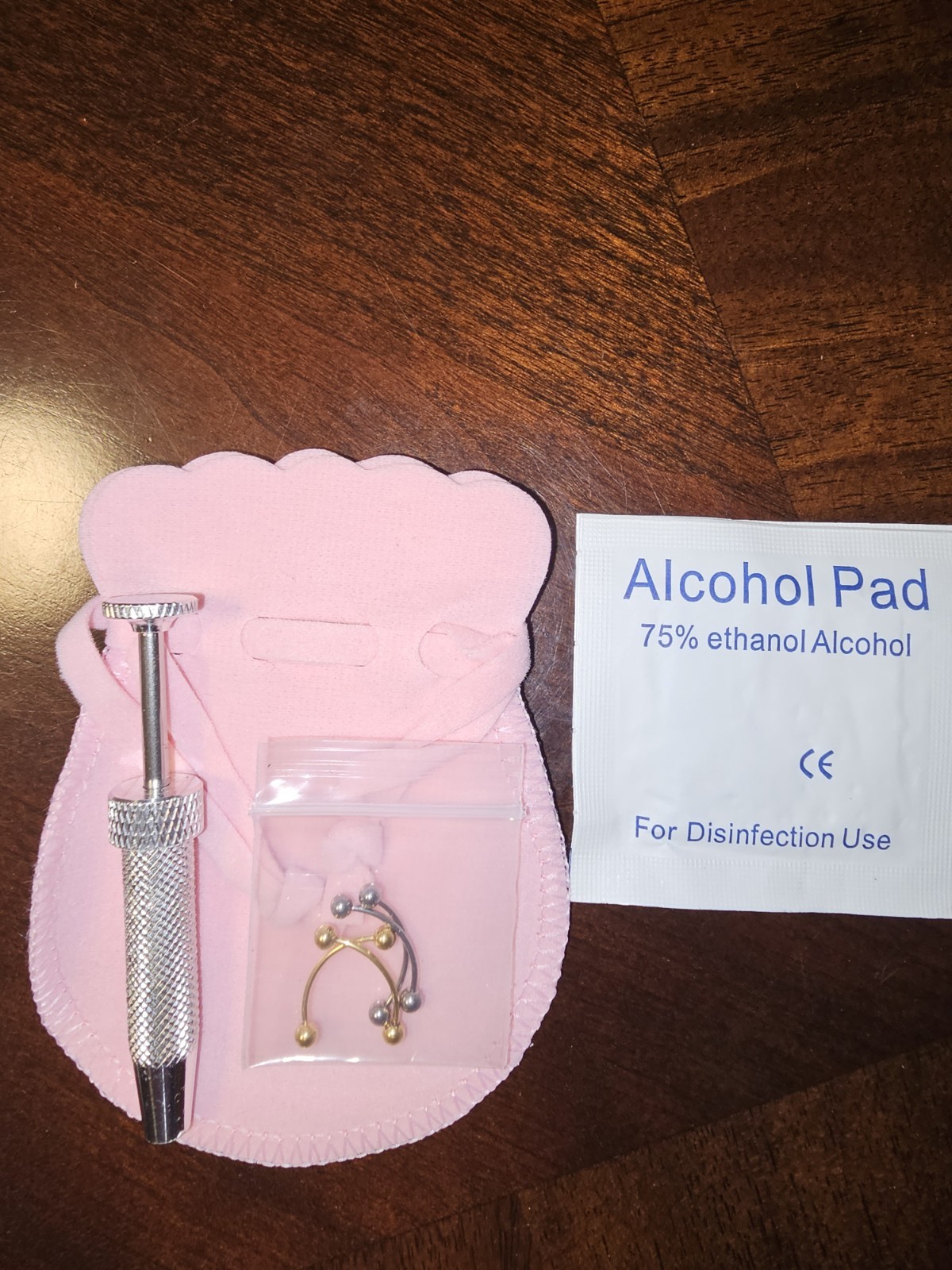 Pink Metal 3-Piece eyebrow Piercing Tool Kit w/ Piercing Jewelry & Alcohol Pad