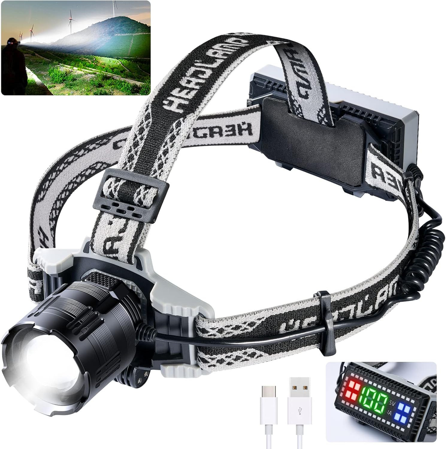 LED Rechargeable Headlamp,1080 Lumens Super Bright with XHP160,4 Modes USB Zooma