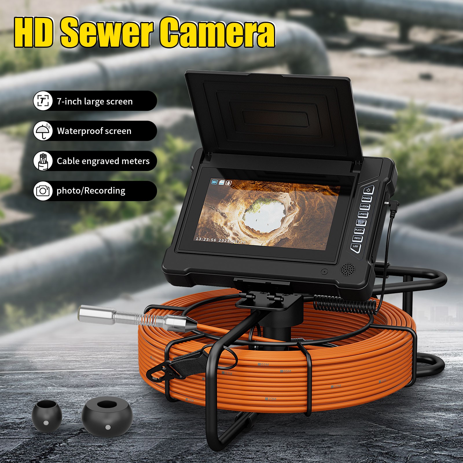 7" Sewer Pipe Inspection Camera 30M Drain Pipe Industrial Camera Metre Marker
