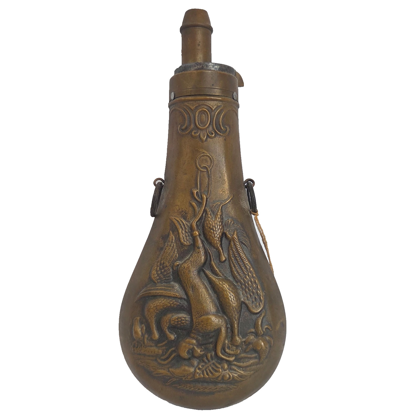 Antique Brass Powder Flask Embossed Crane Heron Scene Grove Bros Clare MI 19th C