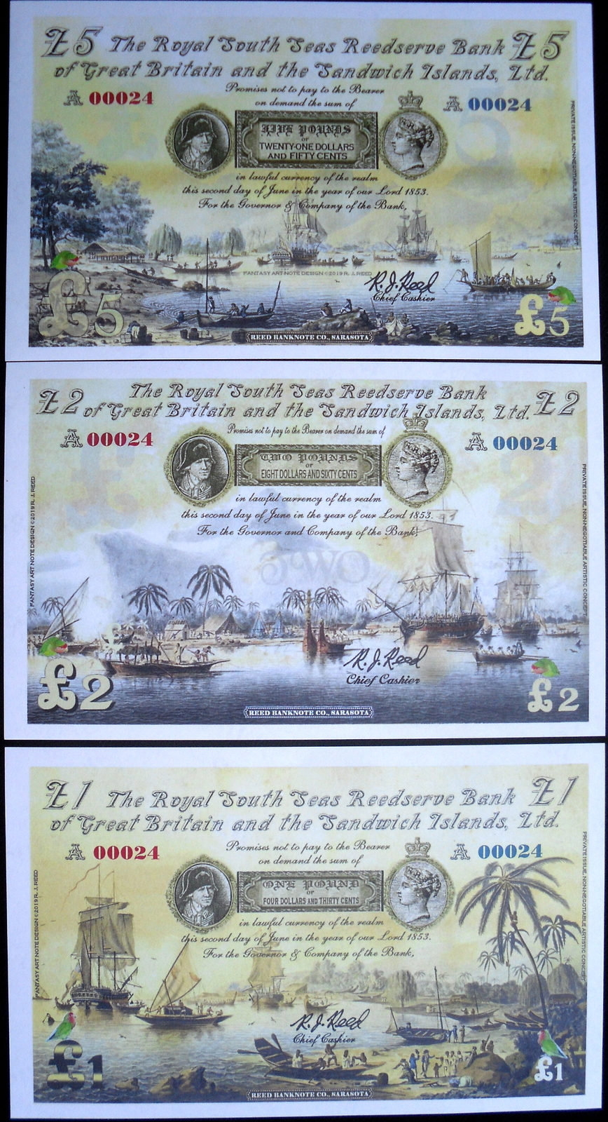 SANDWICH ISLANDS (HAWAII) Set of 3 Fantasy Art Notes Capt. Cook, Queen Victoria!