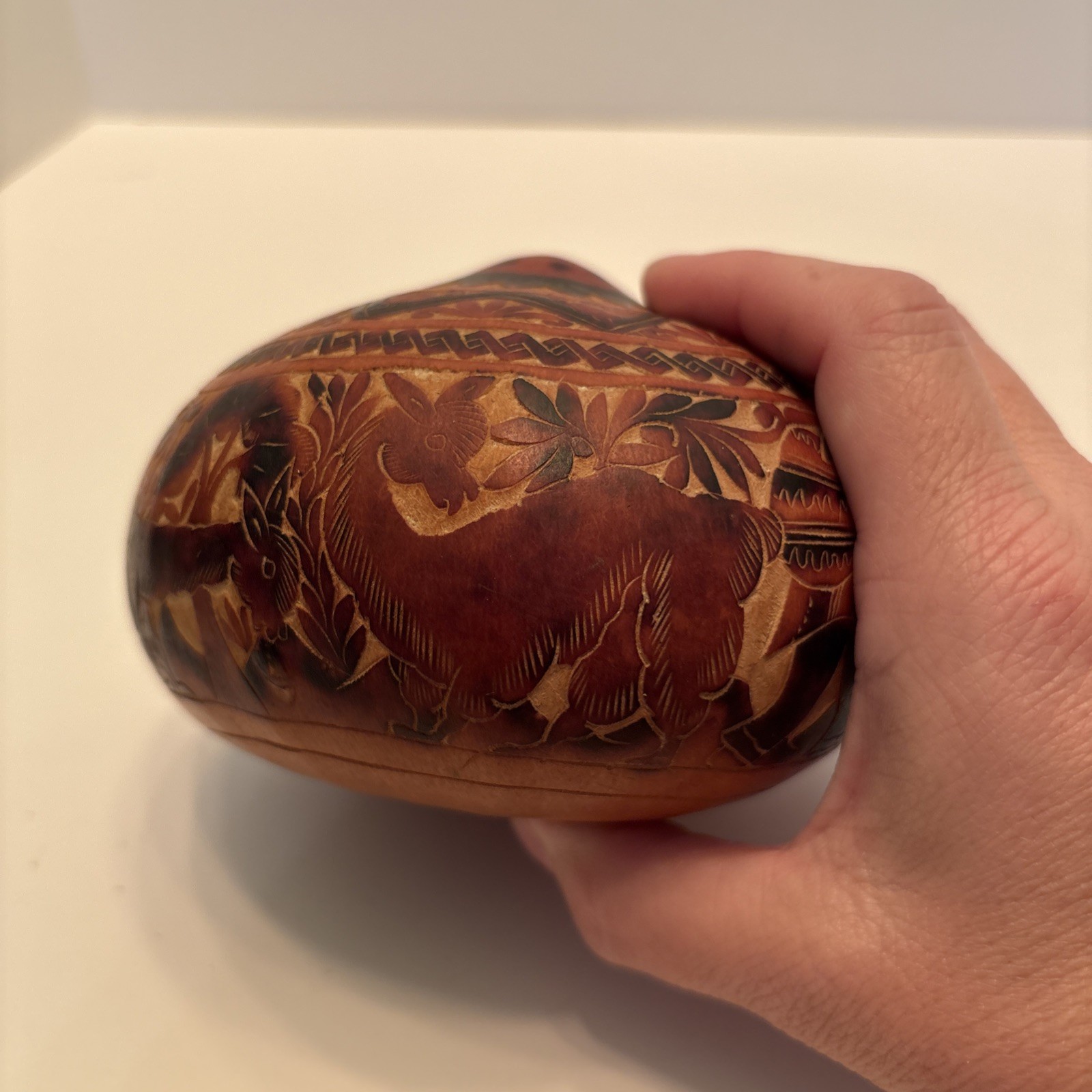 Vintage Peruvian Hand Carved Gourd Story Scene Peru Folk Art Village Life Lama